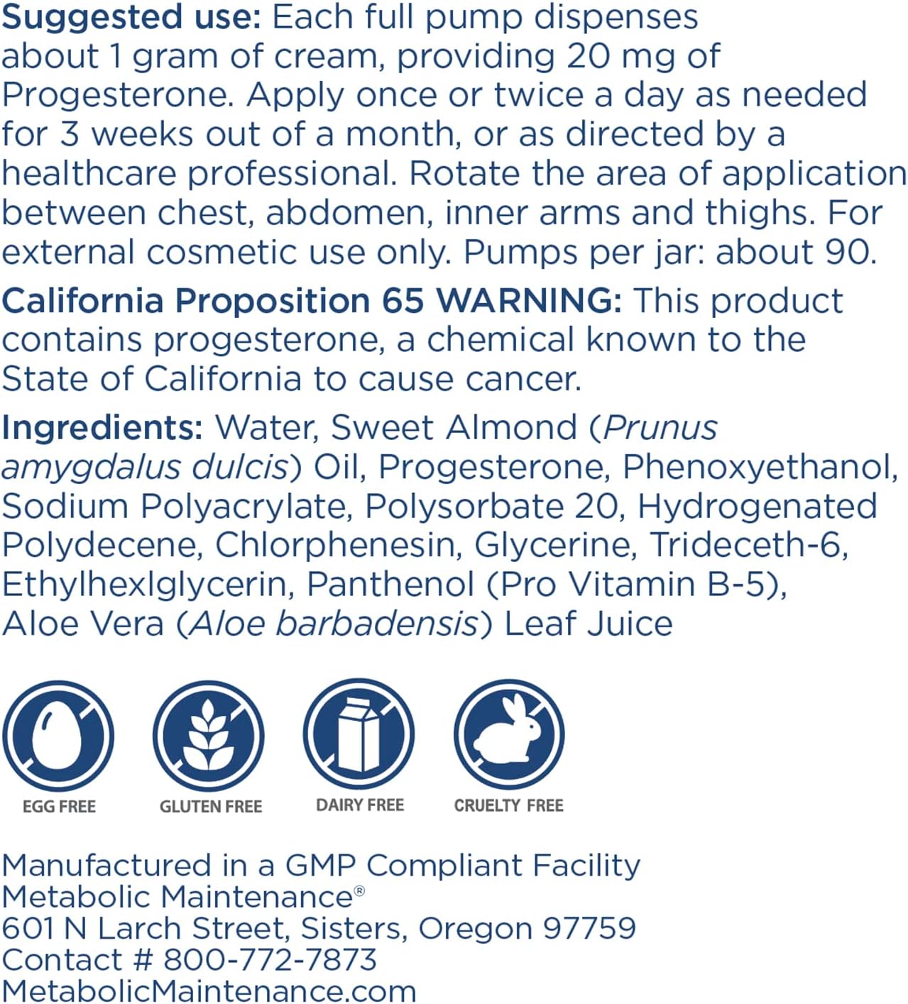 Bio-Identical Progesterone Cream - Metabolic Maintenance Progeste, 20mg - Hormone Support for Women - Paraben Free, Plant-Based - 3.4 oz