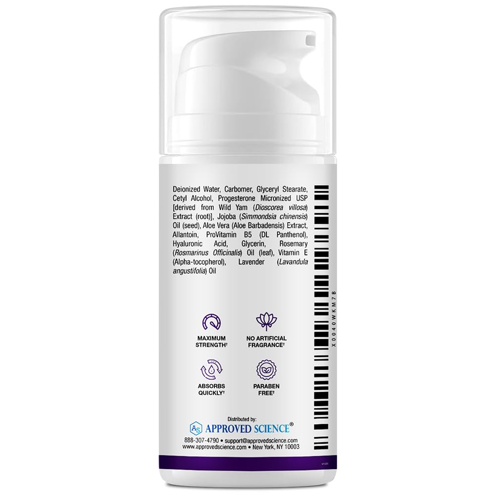 Bio-Identical Progesterone Cream - USP Grade, 20mg - With Hyaluronic Acid & ProVitamin B5 - Vegan - Fragrance-Free - 3.38 fl.Oz