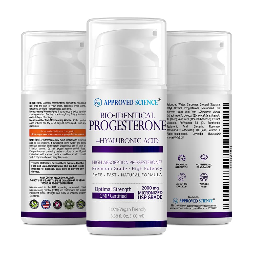 Bio-Identical Progesterone Cream - USP Grade, 20mg - With Hyaluronic Acid & ProVitamin B5 - Vegan - Fragrance-Free - 3.38 fl.Oz