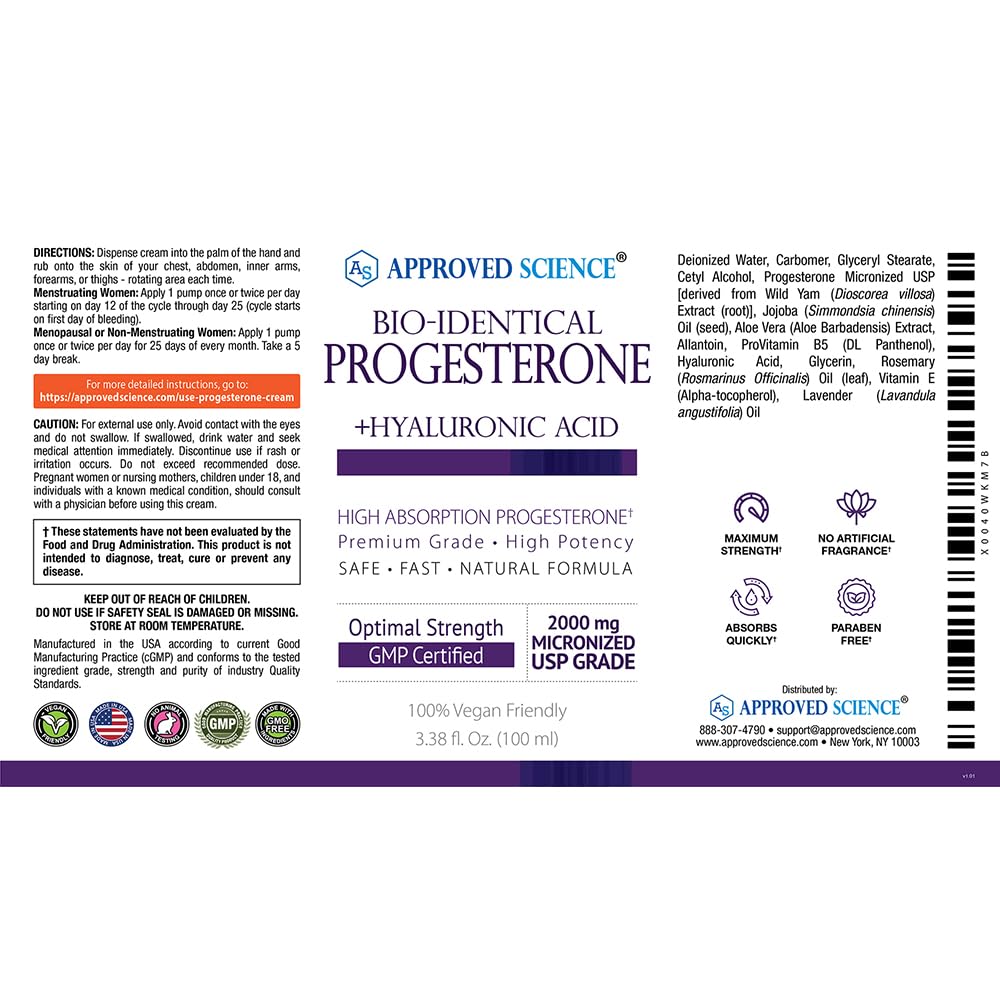 Bio-Identical Progesterone Cream - USP Grade, 20mg - With Hyaluronic Acid & ProVitamin B5 - Vegan - Fragrance-Free - 3.38 fl.Oz