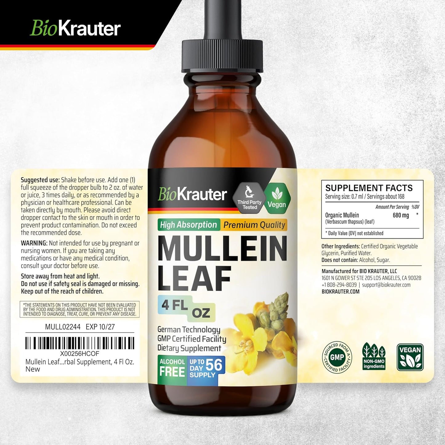 BIO KRAUTER 4 Fl. Oz. Lobelia and Mullein Tinctures for Natural Remedies