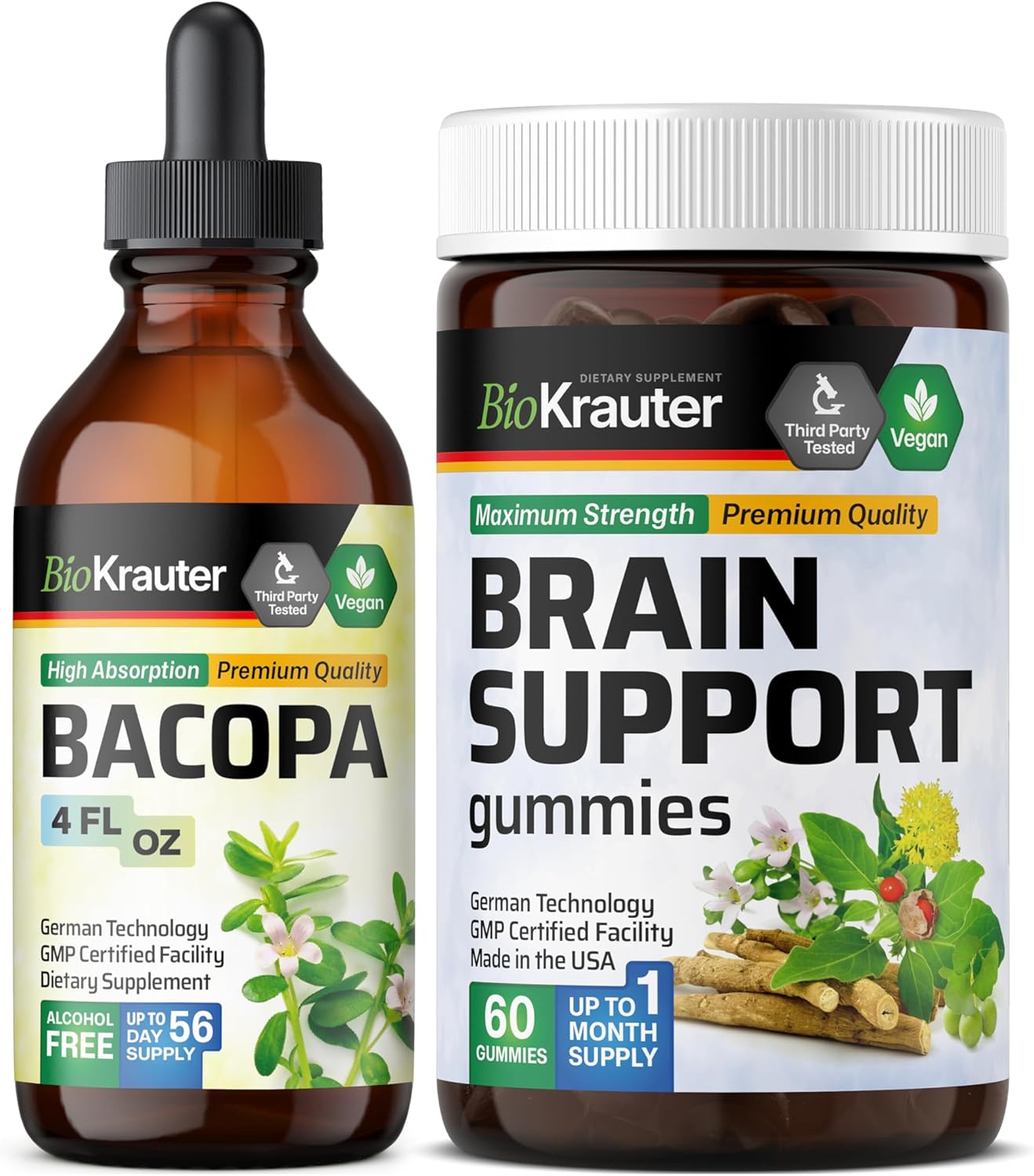 BIO KRAUTER Bacopa Tincture and Brain Support Gummies Bundle - 4 Fl. Oz. Tincture, 60 Gummies