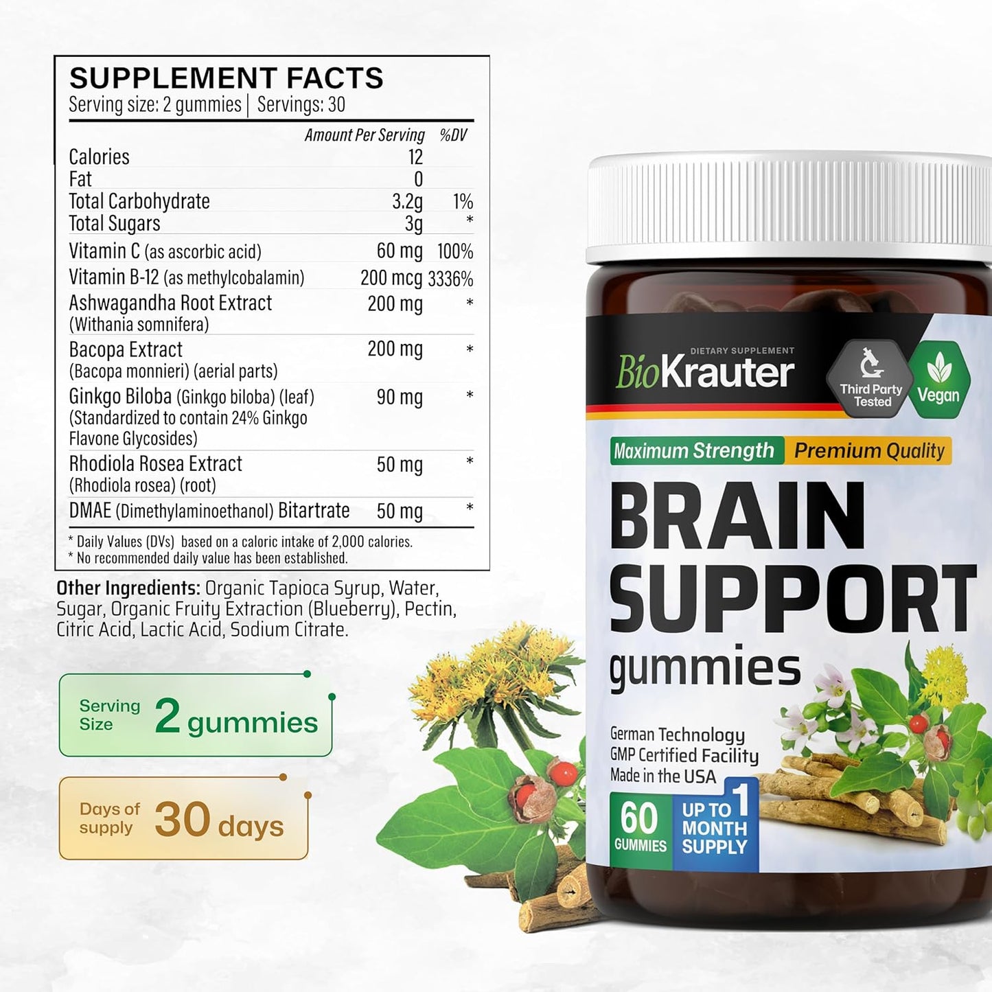 BIO KRAUTER Bacopa Tincture and Brain Support Gummies Bundle - 4 Fl. Oz. Tincture, 60 Gummies