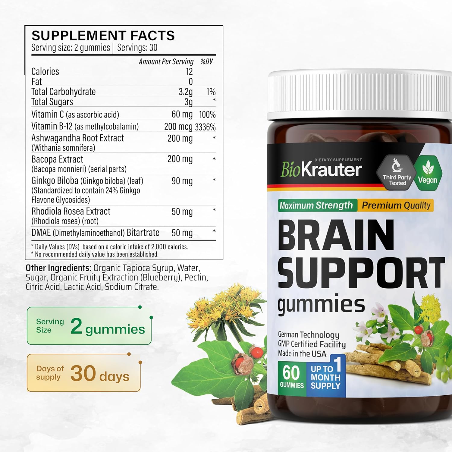 BIO KRAUTER Bacopa Tincture and Brain Support Gummies Bundle - 4 Fl. Oz. Tincture, 60 Gummies