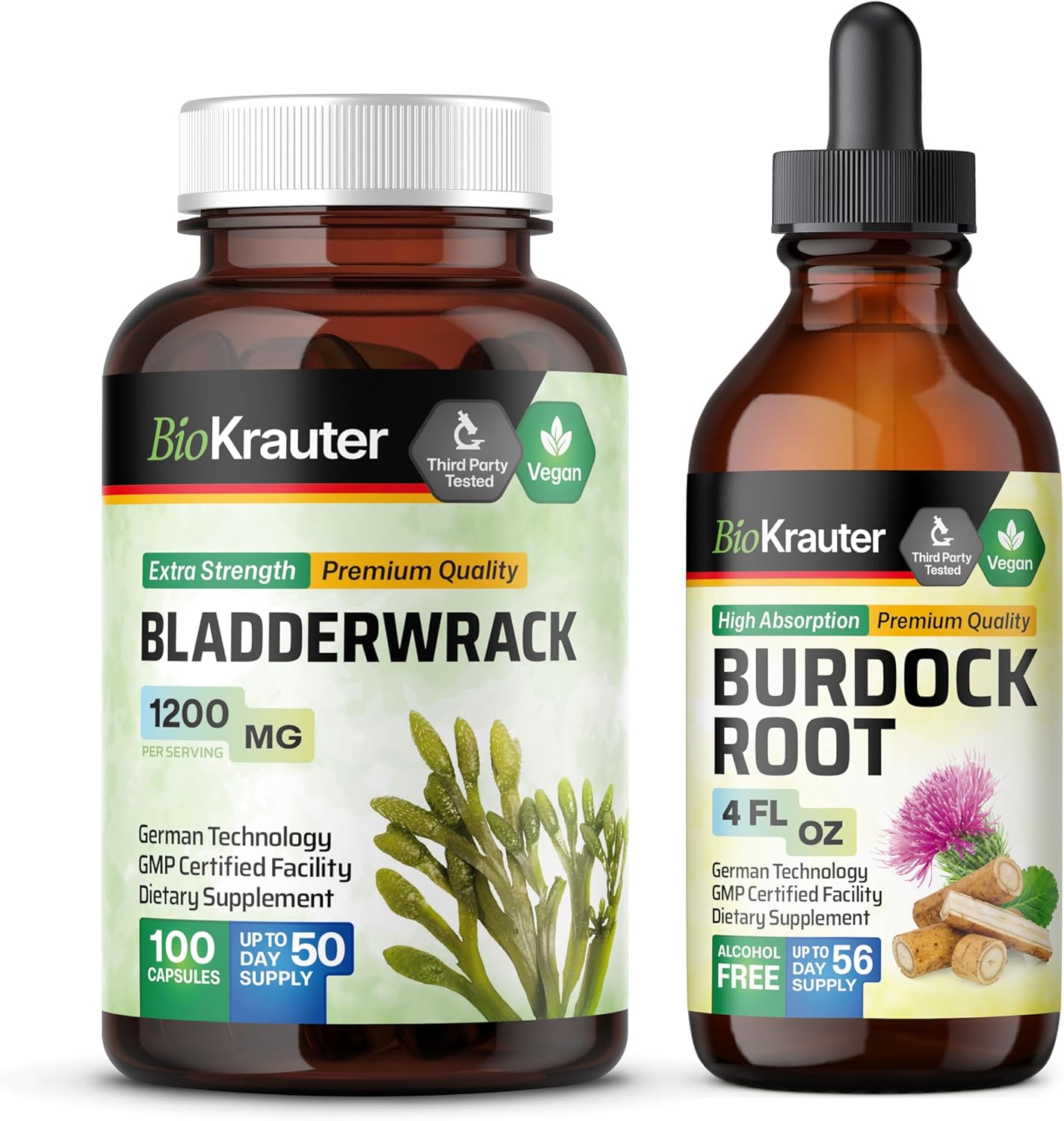 BIO KRAUTER Bladderwrack Capsules and Burdock Root Tincture Bundle - 100 Capsules & 4 Fl. Oz. Bottle