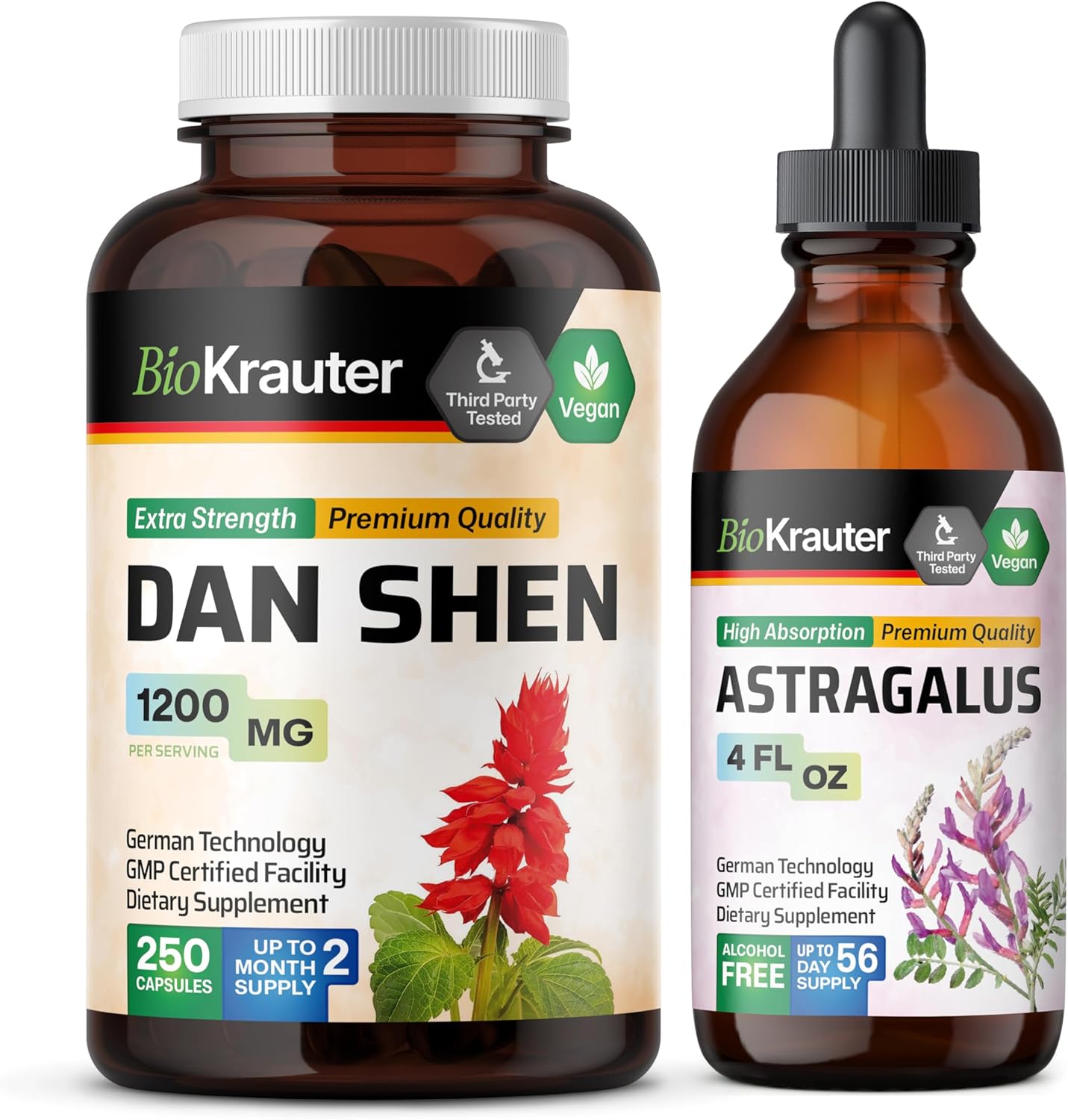 BIO KRAUTER Dan Shen Capsules and Astragalus Tincture Bundle - 250 Capsules & 4 Fl. Oz.