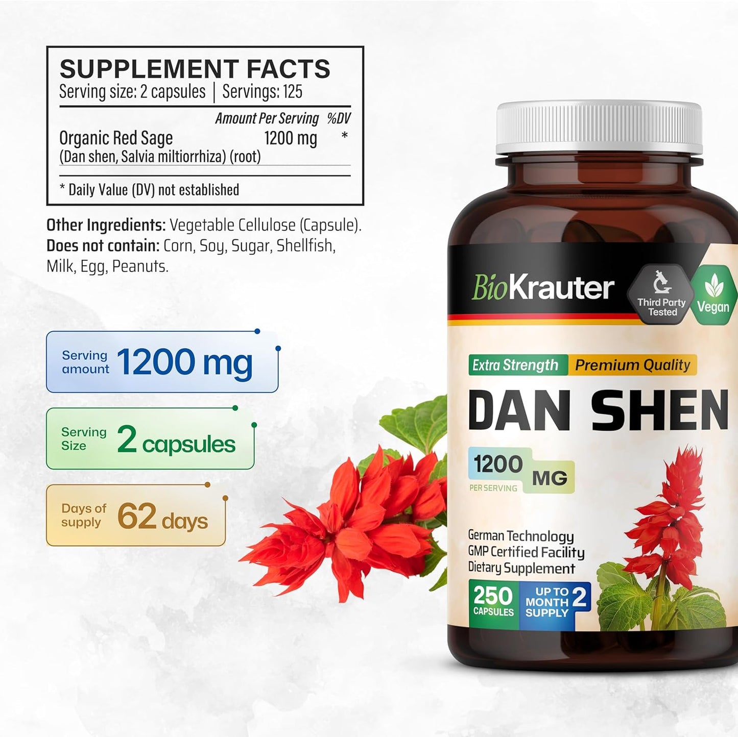 BIO KRAUTER Dan Shen Capsules and Astragalus Tincture Bundle - 250 Capsules & 4 Fl. Oz.