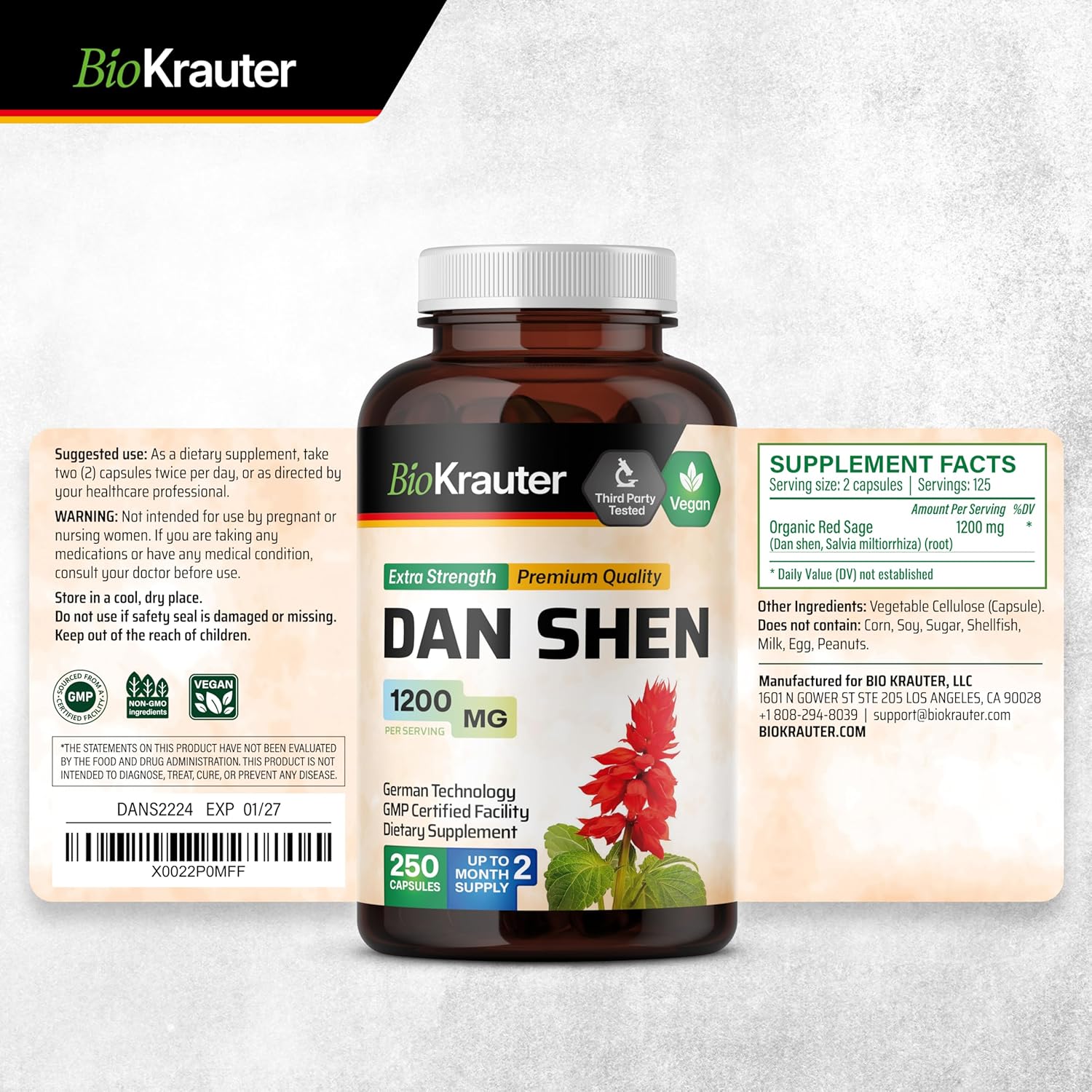 BIO KRAUTER Dan Shen Capsules and Astragalus Tincture Bundle - 250 Capsules & 4 Fl. Oz.