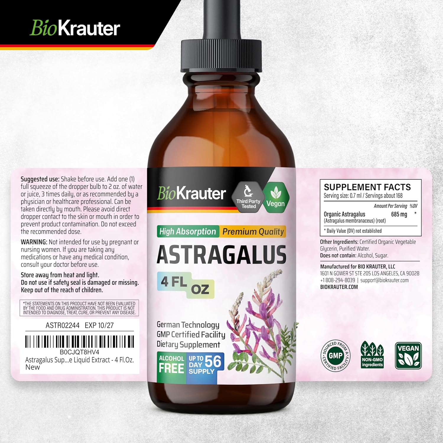 BIO KRAUTER Dan Shen Capsules and Astragalus Tincture Bundle - 250 Capsules & 4 Fl. Oz.