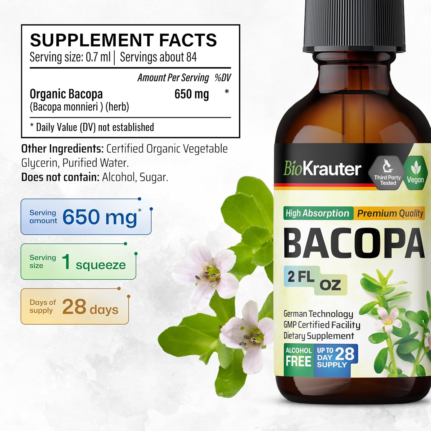 BIO KRAUTER Gotu Kola and Bacopa Tincture Bundle - 2 Fl. Oz. Each