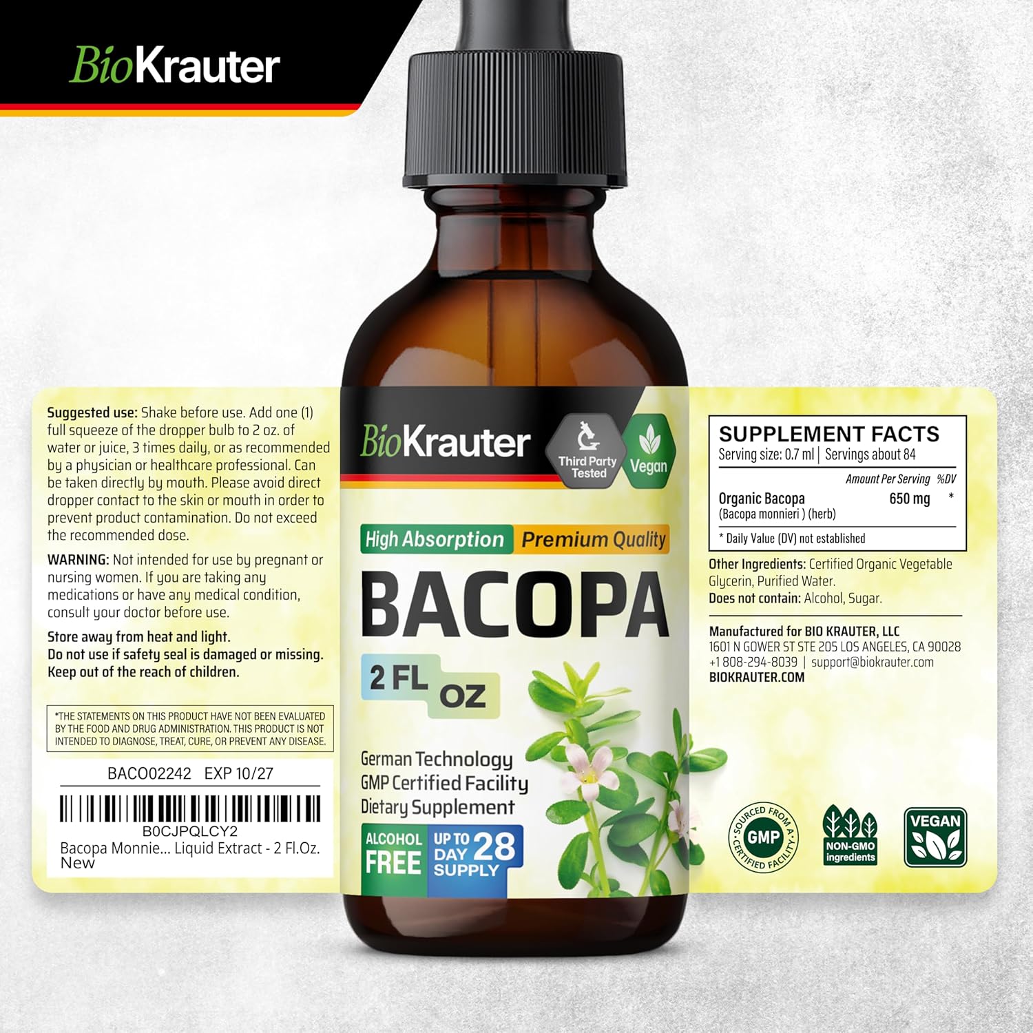 BIO KRAUTER Gotu Kola and Bacopa Tincture Bundle - 2 Fl. Oz. Each