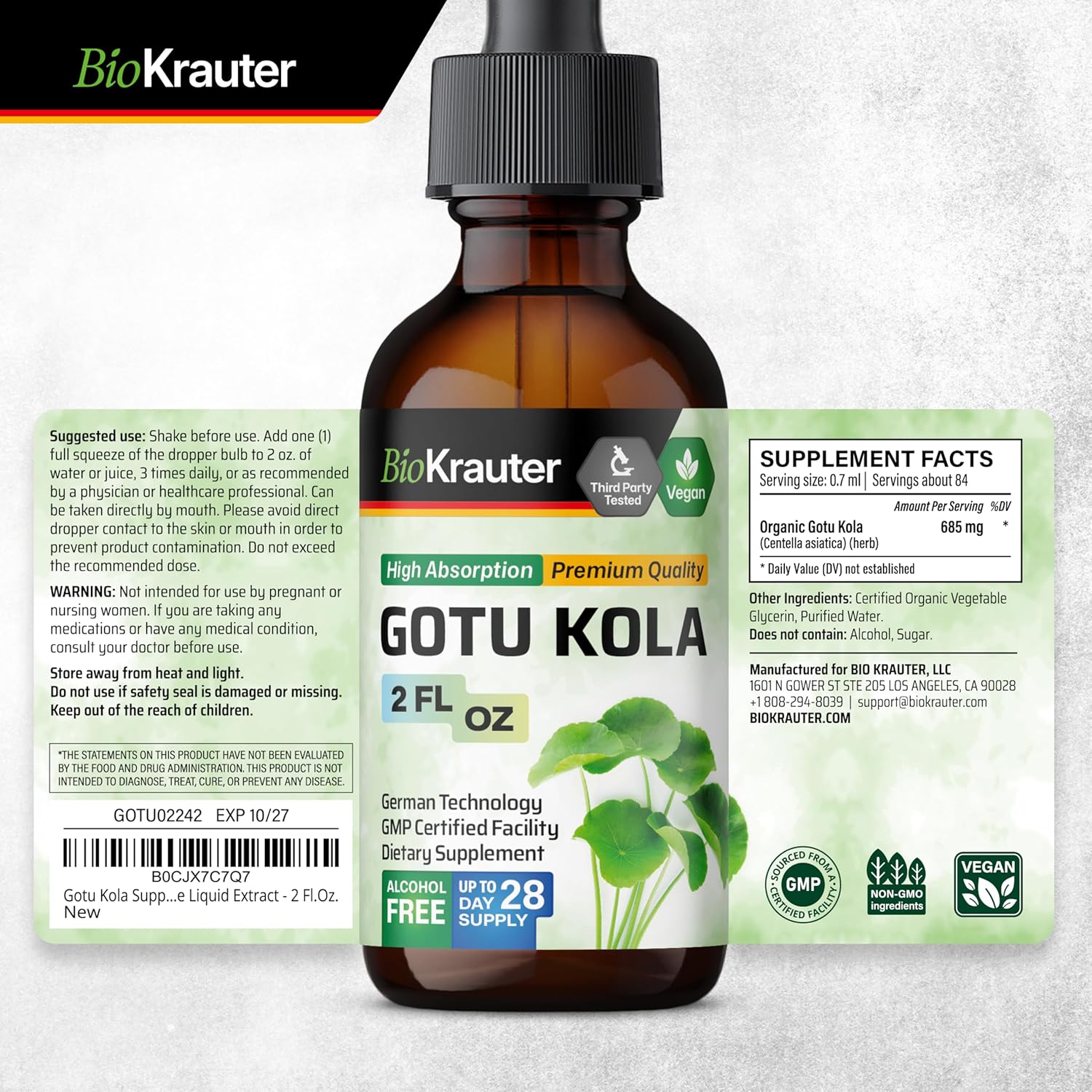 BIO KRAUTER Gotu Kola and Bacopa Tincture Bundle - 2 Fl. Oz. Each