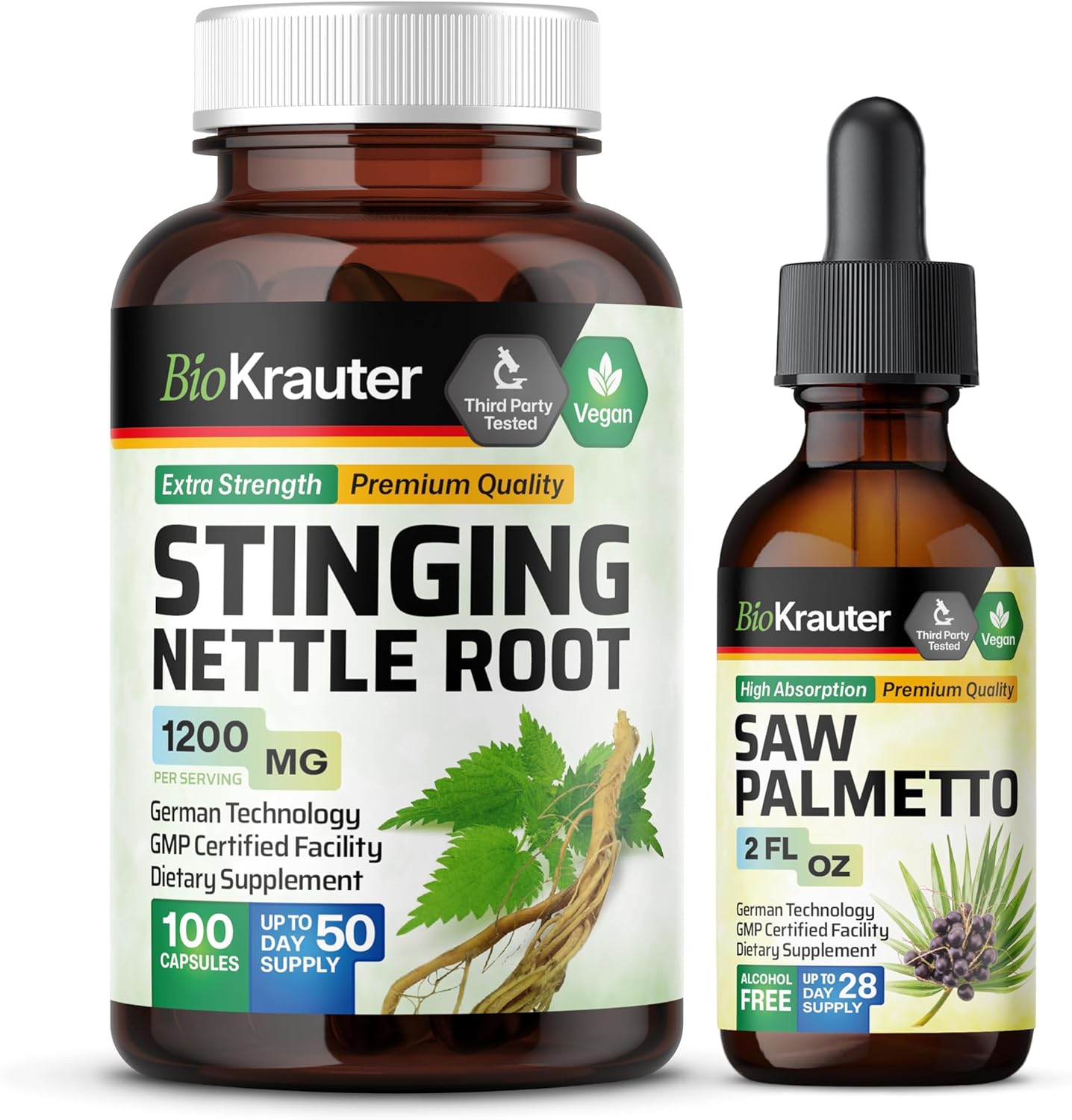 BIO KRAUTER Stinging Nettle Capsules & Saw Palmetto Tincture Combo Pack - Herbal Supplements for Wellness