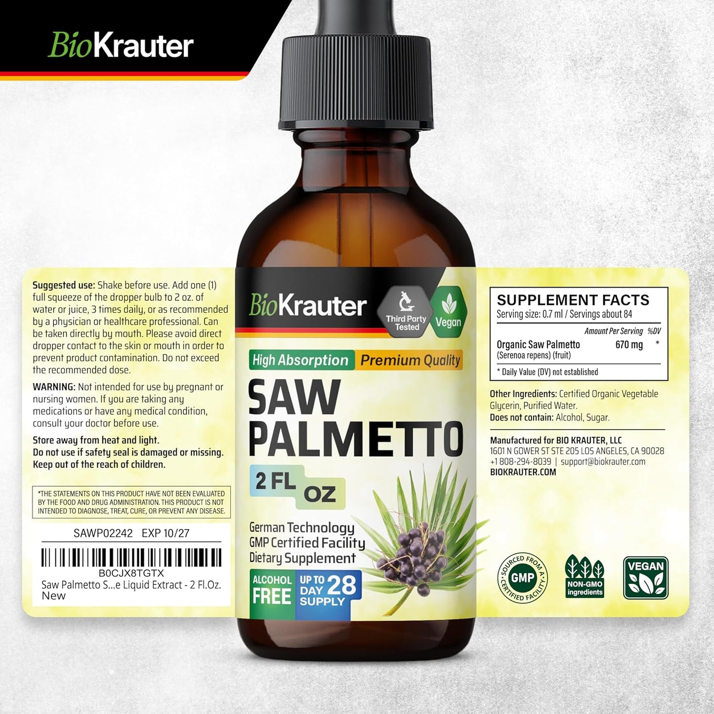 BIO KRAUTER Stinging Nettle Capsules & Saw Palmetto Tincture Combo Pack - Herbal Supplements for Wellness