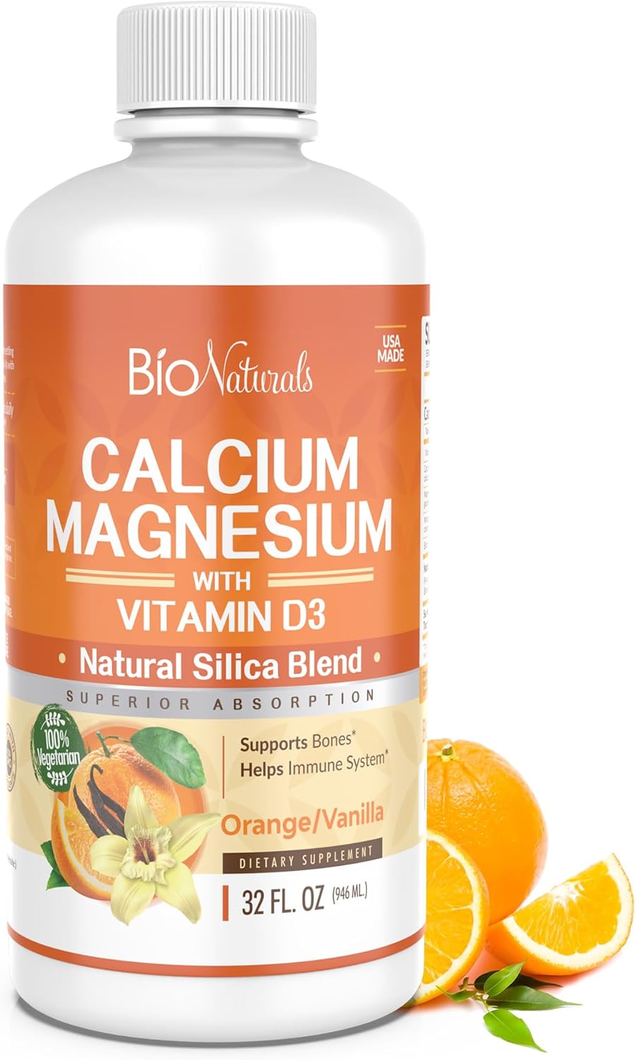 Bio Naturals Liquid Calcium, Magnesium, and Vitamin D3 Supplement - Natural Formula for Strong Bones - 100% Vegetarian - 32 fl oz