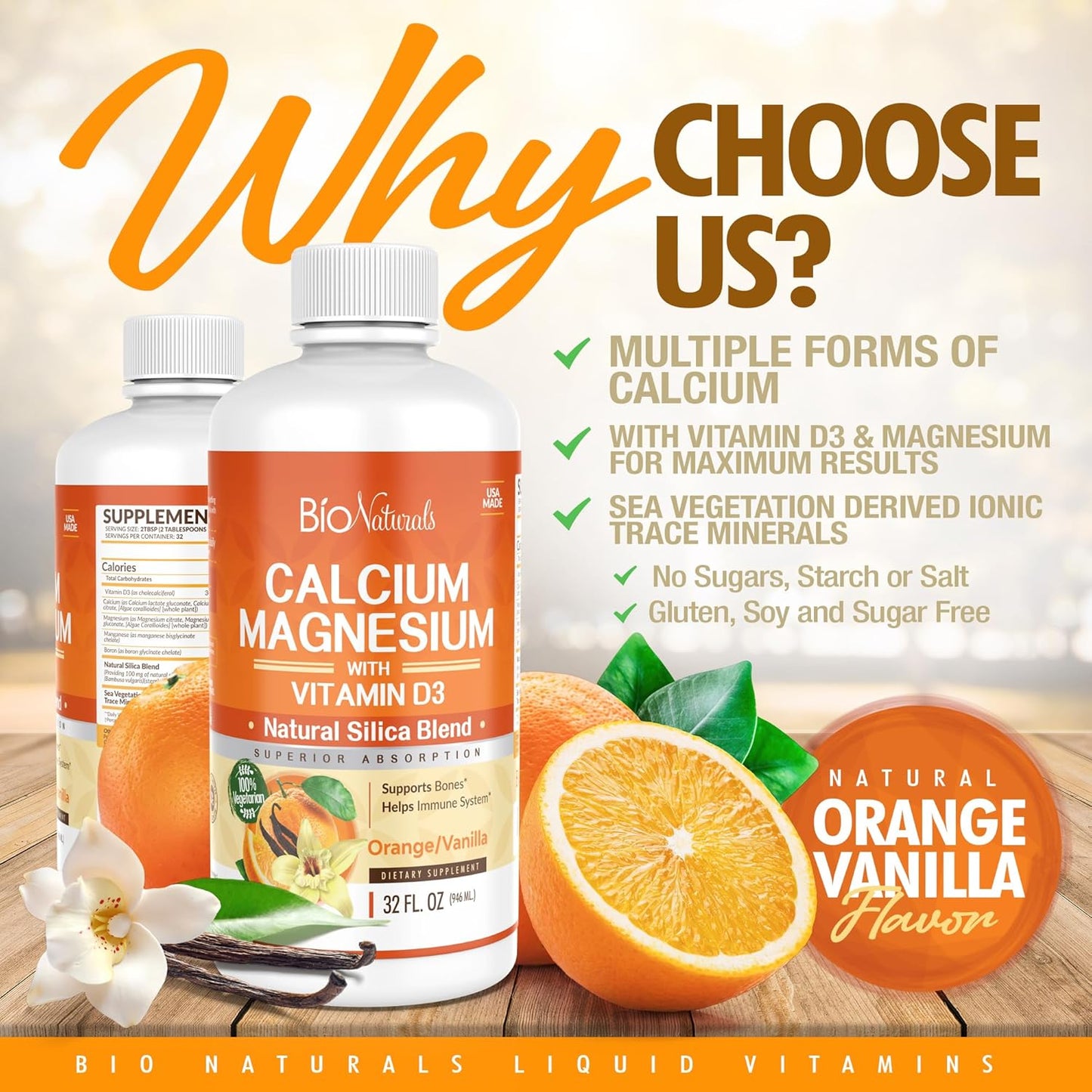 Bio Naturals Liquid Calcium, Magnesium, and Vitamin D3 Supplement - Natural Formula for Strong Bones - 100% Vegetarian - 32 fl oz