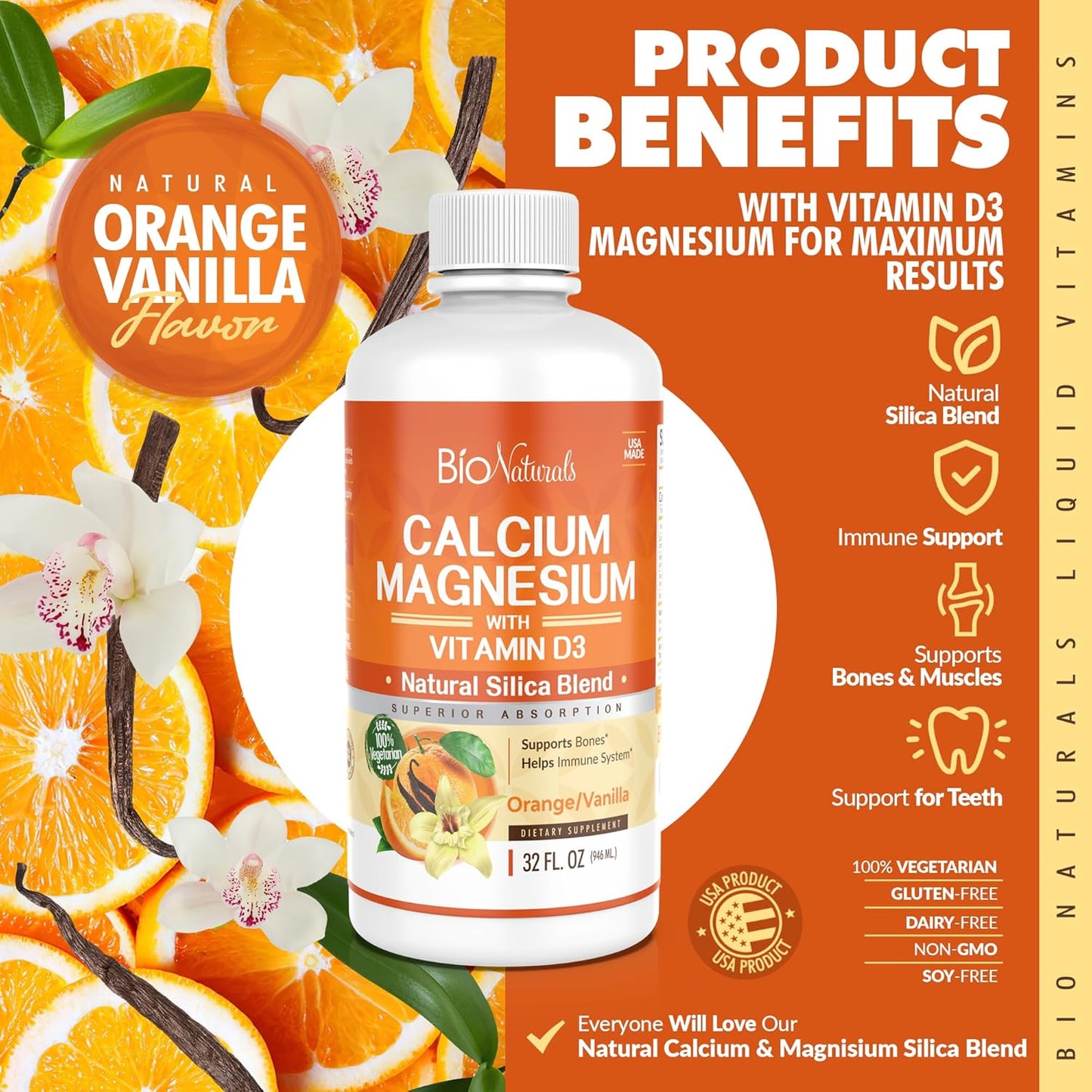 Bio Naturals Liquid Calcium, Magnesium, and Vitamin D3 Supplement - Natural Formula for Strong Bones - 100% Vegetarian - 32 fl oz