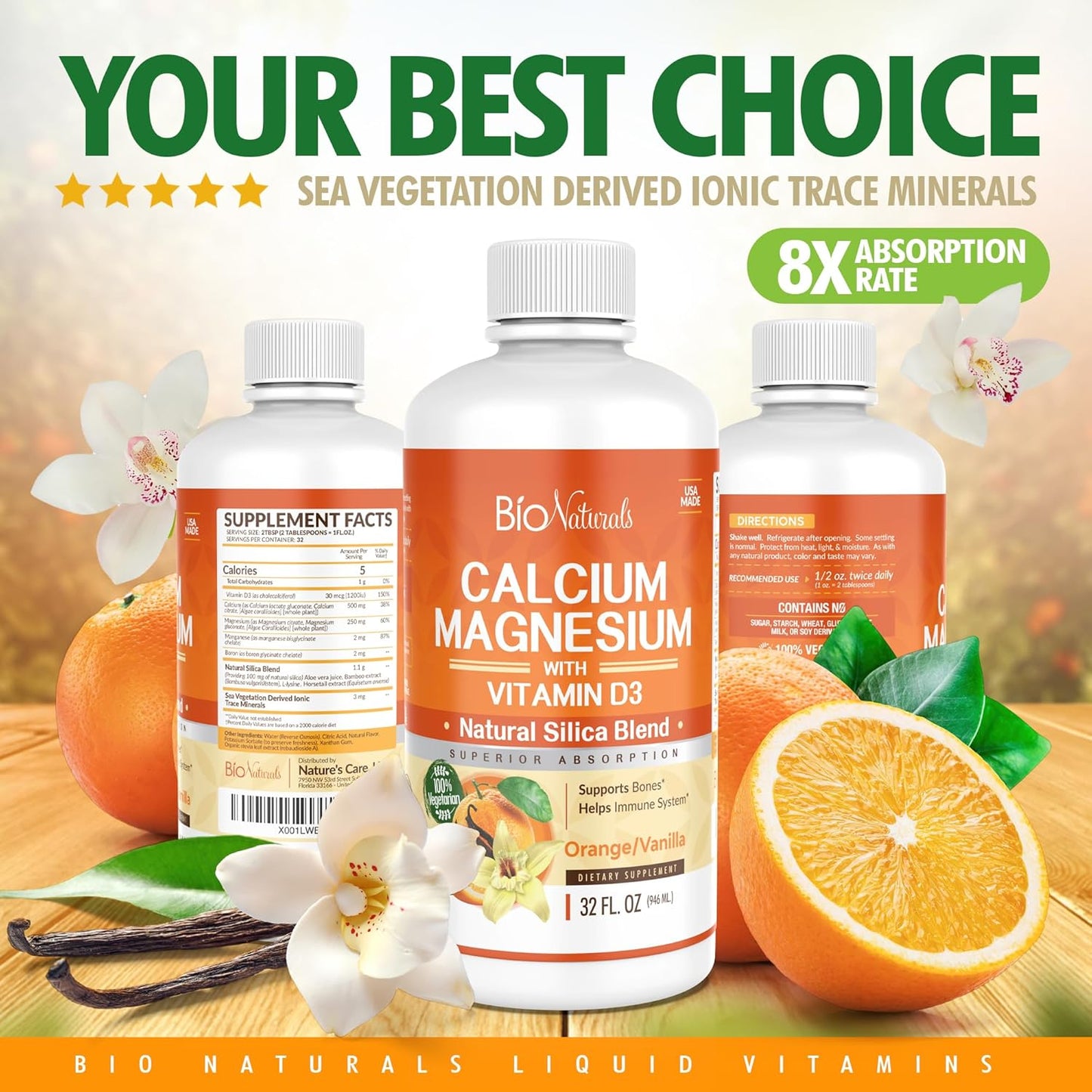 Bio Naturals Liquid Calcium, Magnesium, and Vitamin D3 Supplement - Natural Formula for Strong Bones - 100% Vegetarian - 32 fl oz