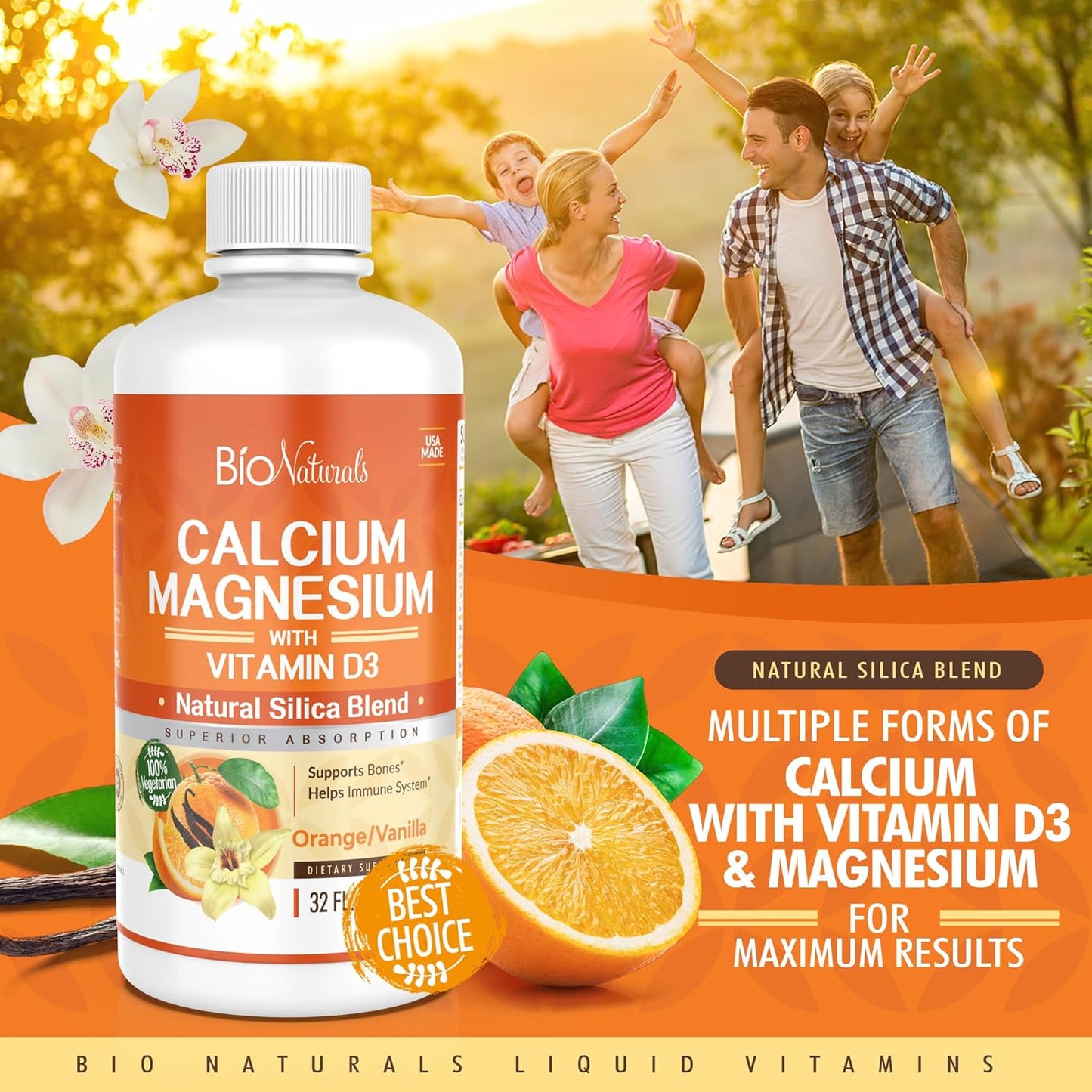 Bio Naturals Liquid Calcium, Magnesium, and Vitamin D3 Supplement - Natural Formula for Strong Bones - 100% Vegetarian - 32 fl oz