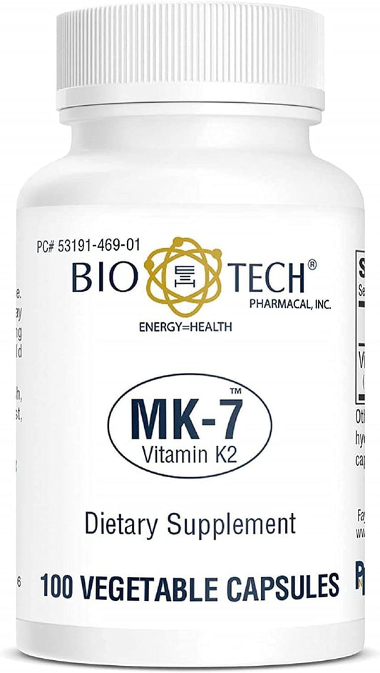 Bio-Tech Pharmacal MK-7 Vitamin K2 Capsules - Natural Cardiovascular & Bone Health Support - 100 Veg Caps - Dairy, Fish, Gluten, Peanut, Shellfish, GMO, Kosher, Halal, Soy Free