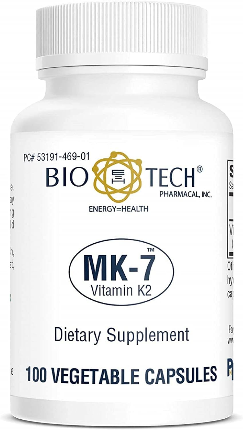 Bio-Tech Pharmacal MK-7 Vitamin K2 Capsules - Natural Cardiovascular & Bone Health Support - 100 Veg Caps - Dairy, Fish, Gluten, Peanut, Shellfish, GMO, Kosher, Halal, Soy Free