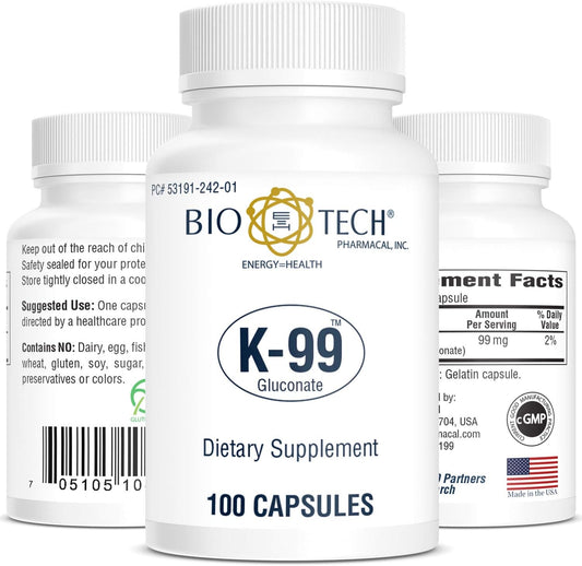 Bio-Tech Pharmacal Potassium Gluconate Supplement - 100 Count Bottle - K-99 Formula for Enhanced Absorption