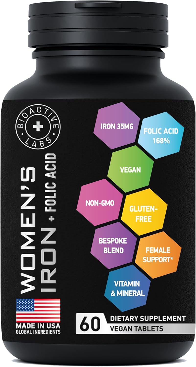 BIOACTIVE LABS Women's Vegan Iron Supplements with Folic Acid - 2-Pack, 120 Gluten-Free Tablets for Anemia and Pregnancy
