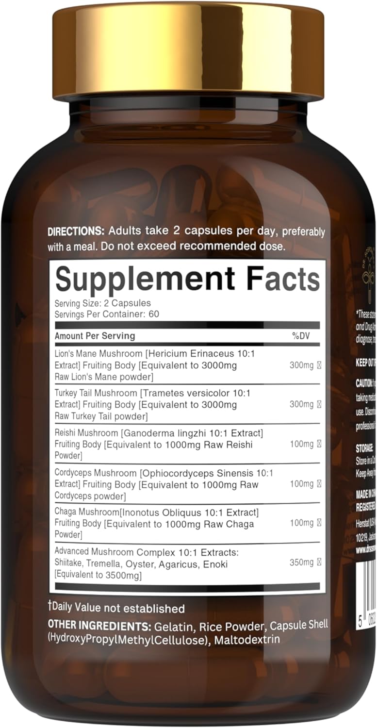 BioActive Mushroom Complex with Lion's Mane, Cordyceps, Chaga, Turkey Tail, Reishi, Shiitake, Tremelia, Oyster, Agaricus & Enoki Extracts | 120 Capsules