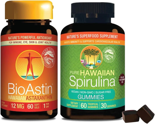BioAstin Hawaiian Astaxanthin 12mg & Pure Spirulina Gummy Bundle - 60 Count Each
