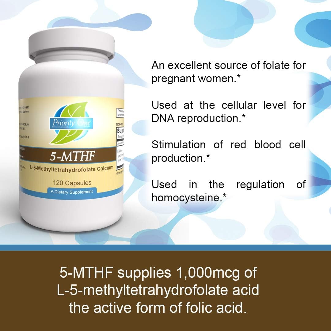Bioavailable 5-MTHF Folate Supplement - 1mg Active Form Vitamin B9 Capsules - 120 Count - Vegetarian Formula with Methylation Support