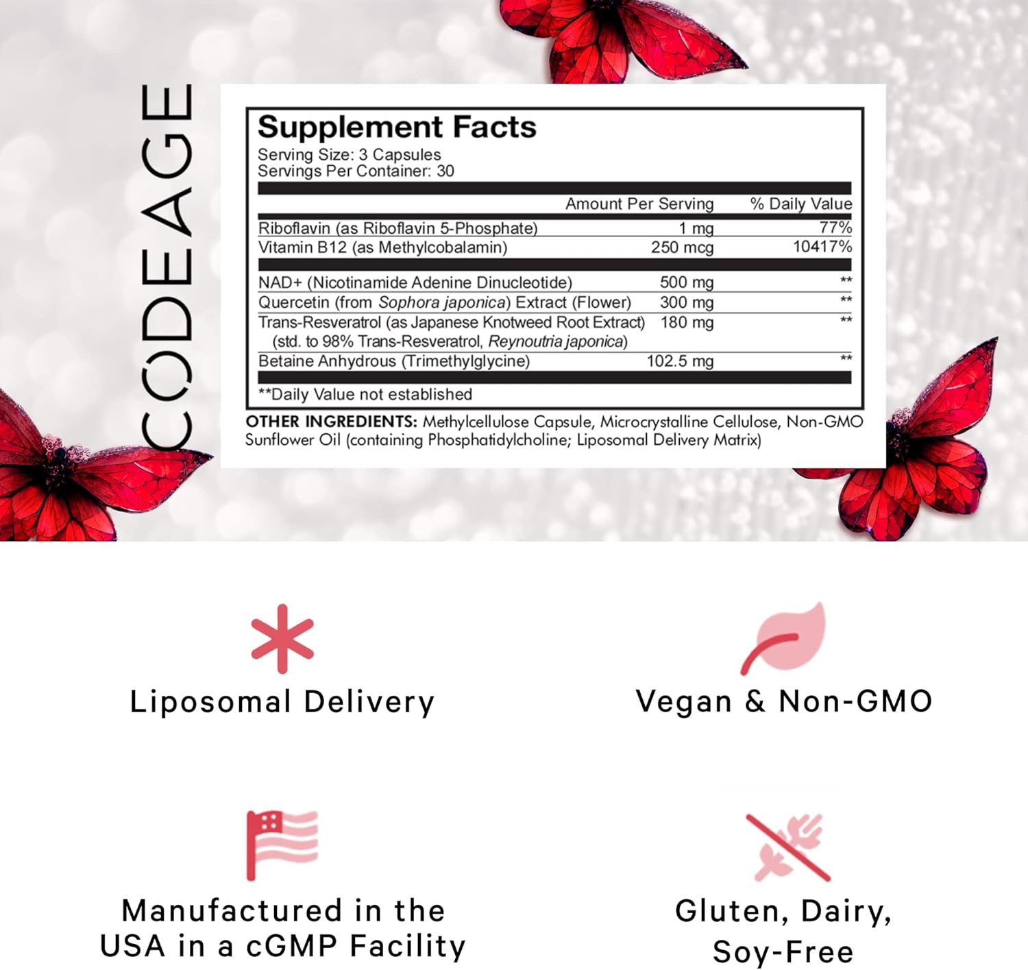 Bioavailable Liposomal NAD+ with Resveratrol & Vitamin B - Energy & Aging Support - NAD Supplement with Quercetin, Betaine, Riboflavin - 90 Capsules