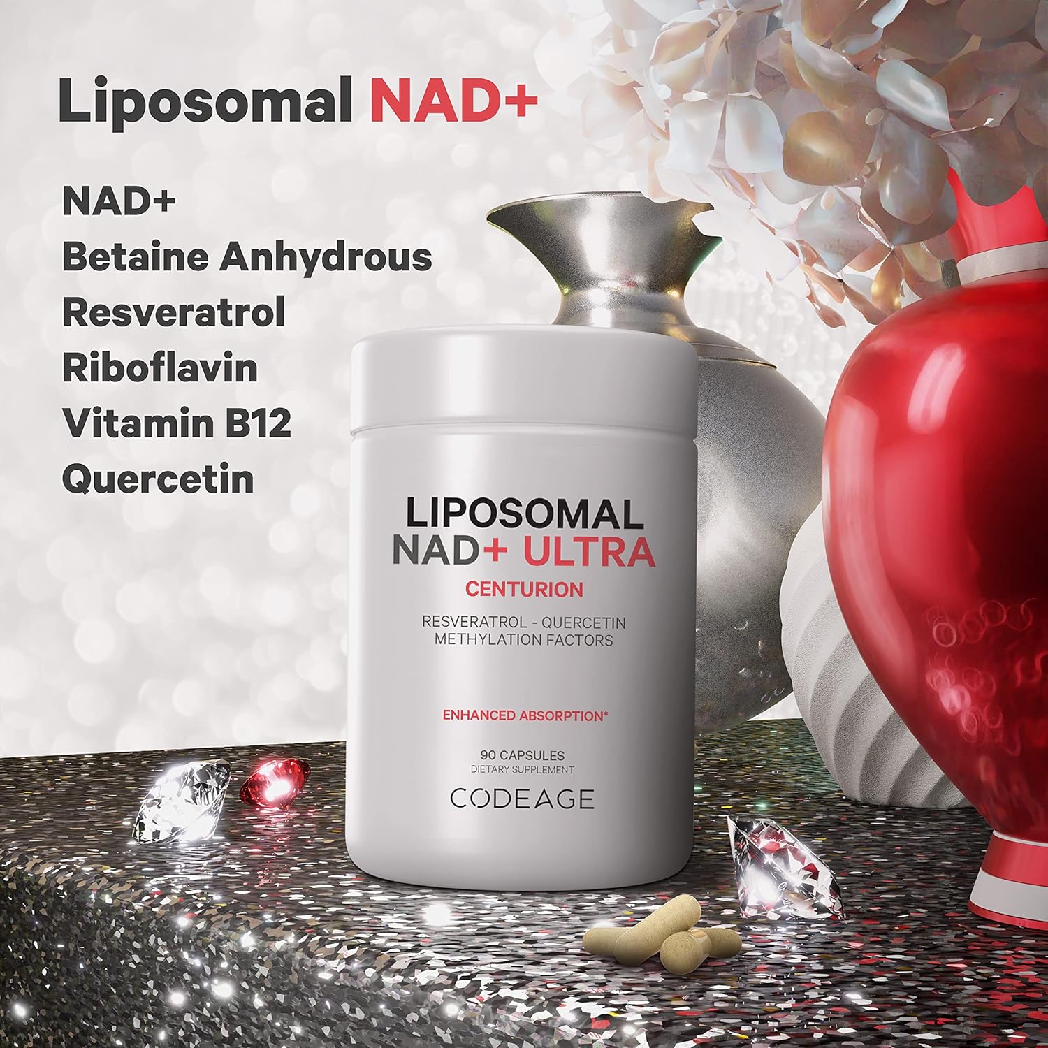 Bioavailable Liposomal NAD+ with Resveratrol & Vitamin B - Energy & Aging Support - NAD Supplement with Quercetin, Betaine, Riboflavin - 90 Capsules