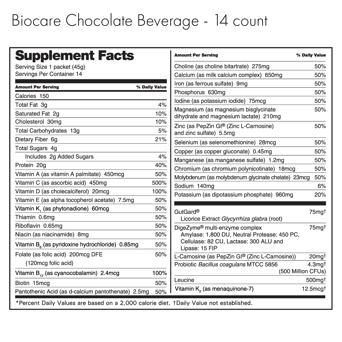 Biocare Nutritional Beverage Powder Drink with 20g Protein, 26 Vitamins/Minerals, Chocolate Flavor - Supports GLP-1 Users, Eases Nausea, Bloating, Constipation (14 Count)