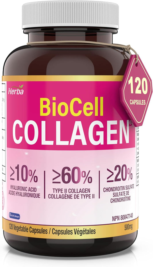 BioCell Collagen Capsules 500mg - 120 Veg Caps | Type II Collagen, Hyaluronic Acid, Chondroitin | Reduce Wrinkles, Support Joints