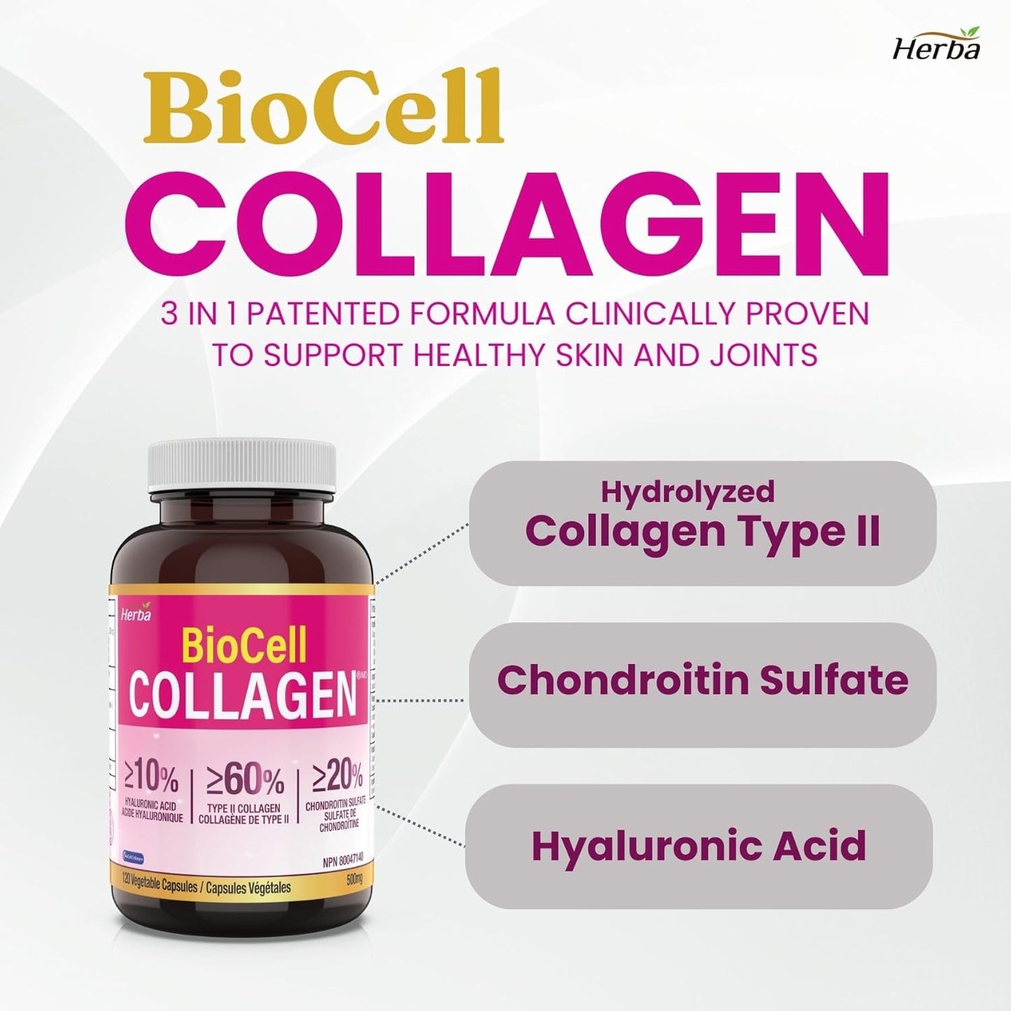 BioCell Collagen Capsules 500mg - 120 Veg Caps | Type II Collagen, Hyaluronic Acid, Chondroitin | Reduce Wrinkles, Support Joints