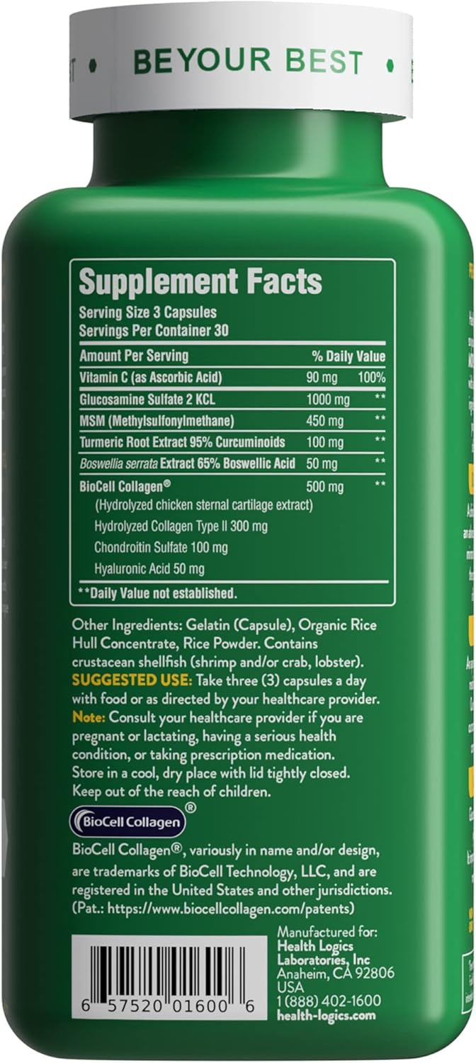 BioCell Collagen, Glucosamine, MSM, Vitamin C, Turmeric & Boswellia Serrata Joint Support Supplement | 90 Capsules | Non-GMO | Promotes Joint Comfort & Mobility