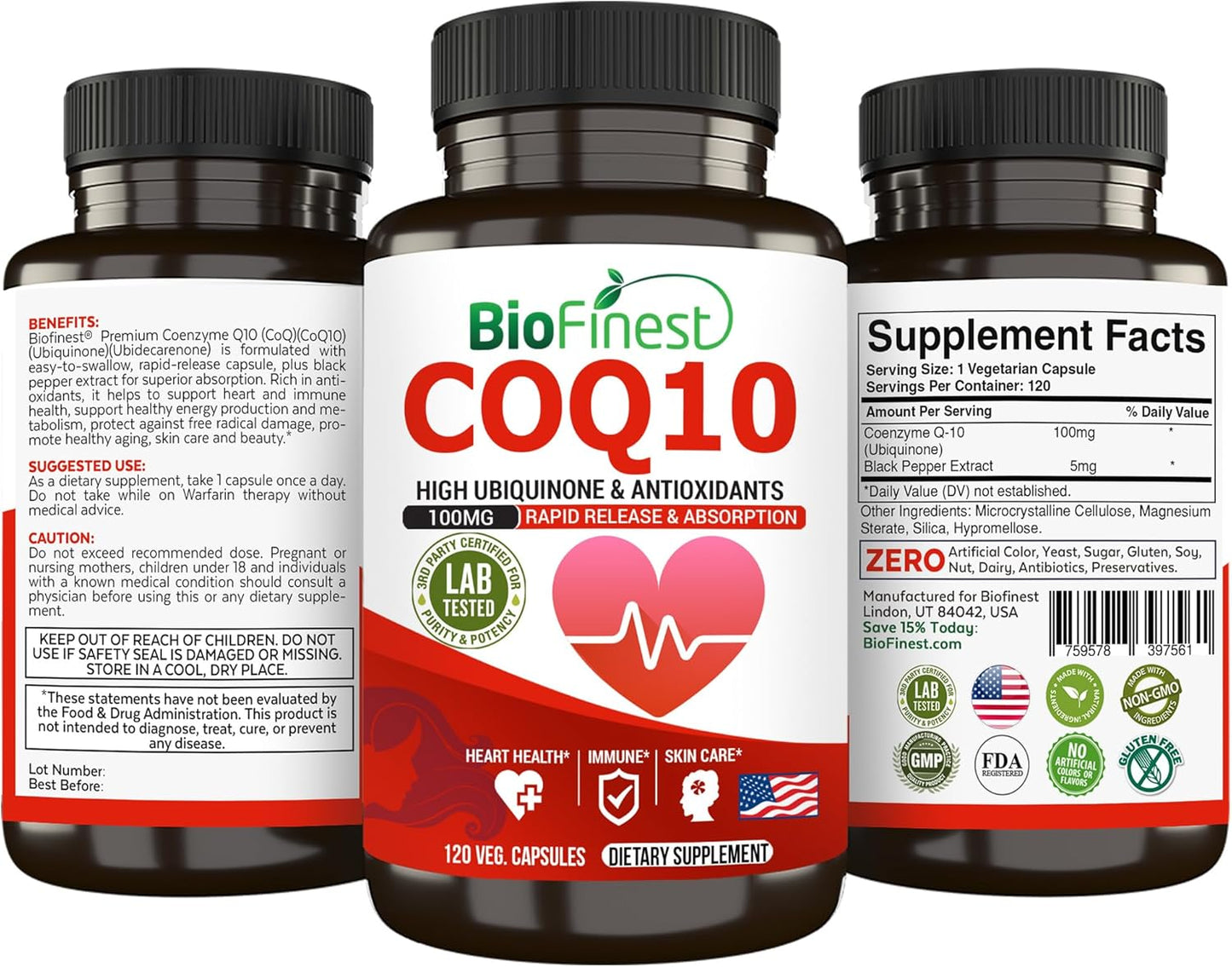 BioFinest CoQ10 100mg Supplement - Fast Absorption for Immune, Heart, & Energy Support - Antioxidant Boost - 120 Capsules