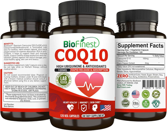 BioFinest CoQ10 100mg Supplement - Fast Absorption for Immune, Heart, & Energy Support - Antioxidant Boost - 120 Capsules