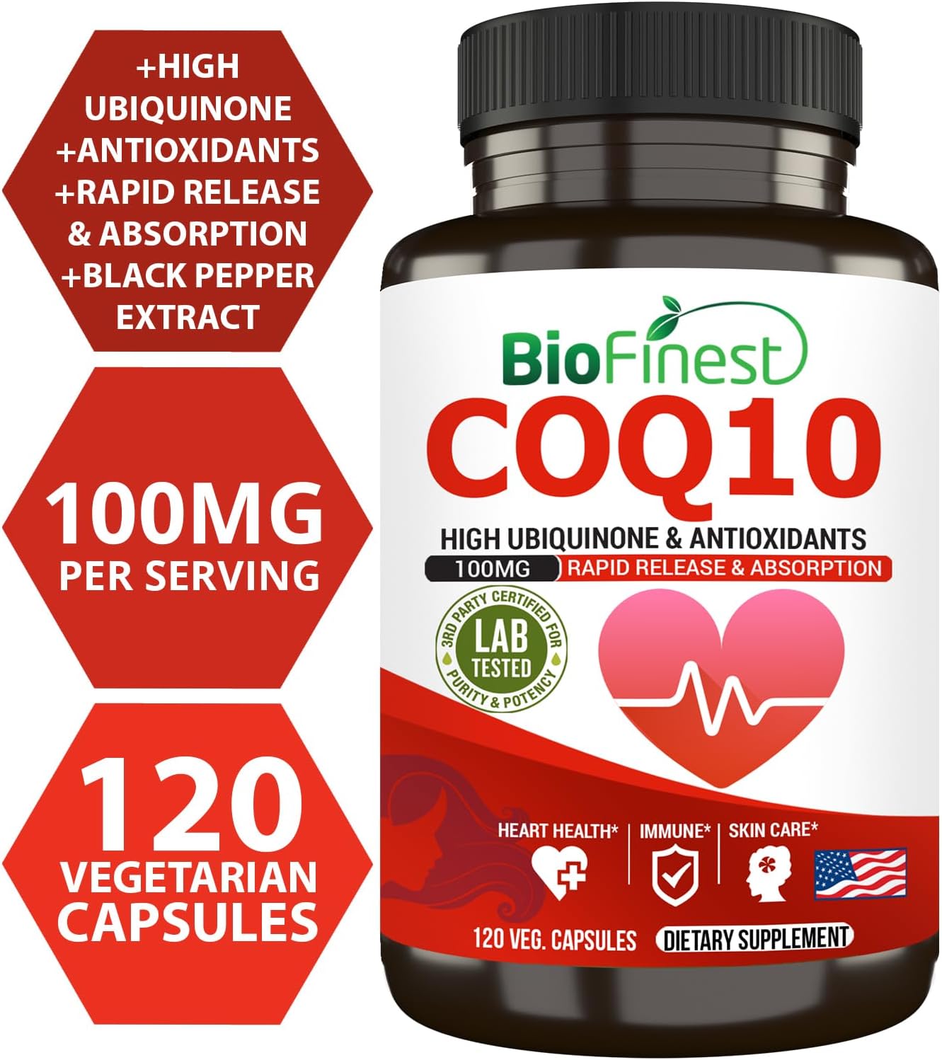 BioFinest CoQ10 100mg Supplement - Fast Absorption for Immune, Heart, & Energy Support - Antioxidant Boost - 120 Capsules
