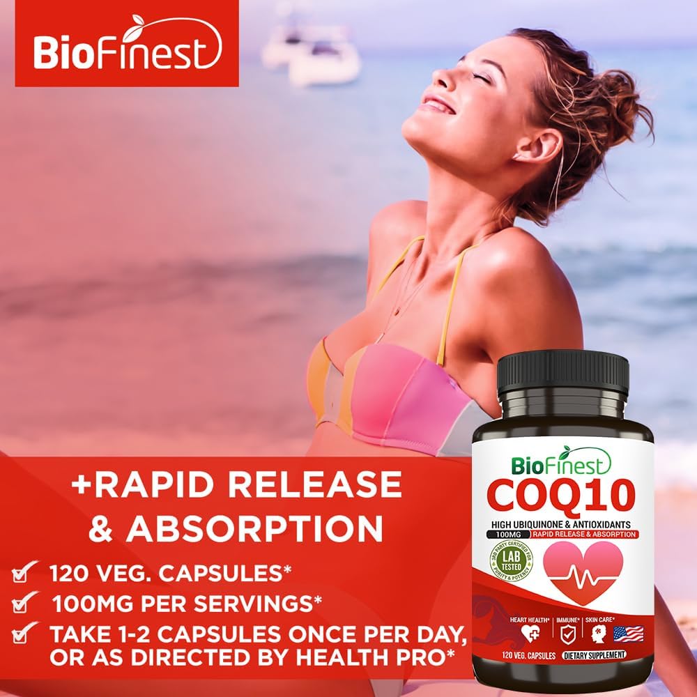 BioFinest CoQ10 100mg Supplement - Fast Absorption for Immune, Heart, & Energy Support - Antioxidant Boost - 120 Capsules