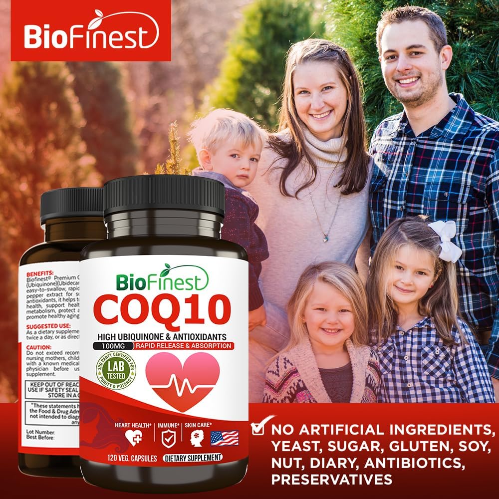 BioFinest CoQ10 100mg Supplement - Fast Absorption for Immune, Heart, & Energy Support - Antioxidant Boost - 120 Capsules