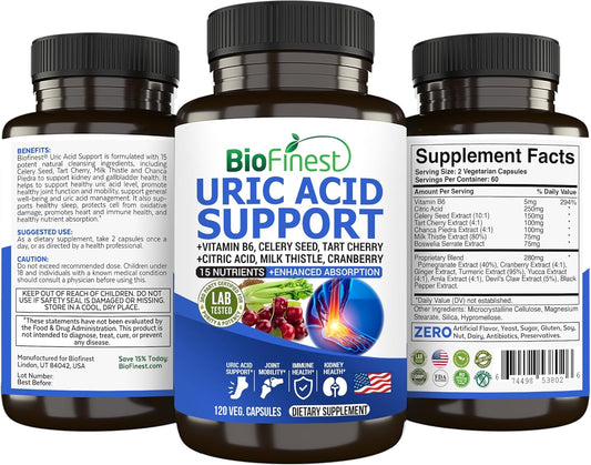BioFinest Uric Acid Support Supplement with Vitamin B, Cranberry, and Turmeric for Immune Health and Joint Mobility (120 Capsules)