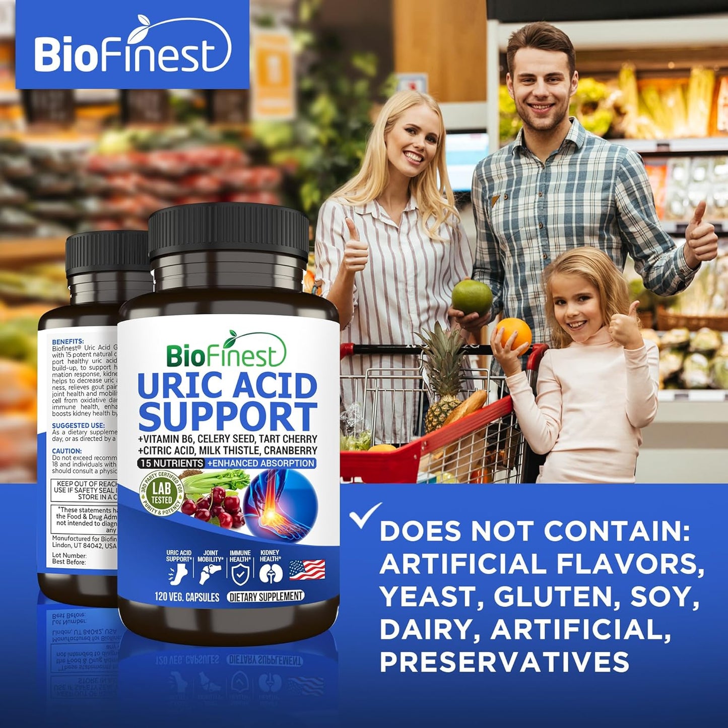 BioFinest Uric Acid Support Supplement with Vitamin B, Cranberry, and Turmeric for Immune Health and Joint Mobility (120 Capsules)