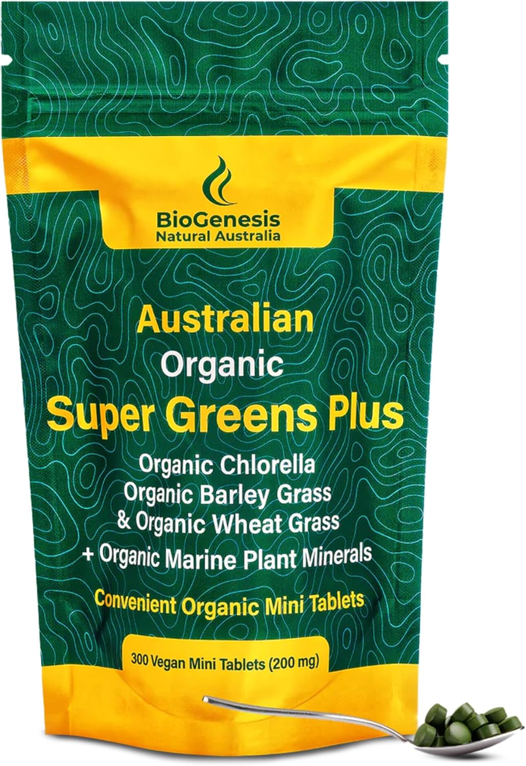 Biogenesis Australian Organic SuperGreens Tablets with Chlorella, Barley Grass & Wheat Grass (300 Count)