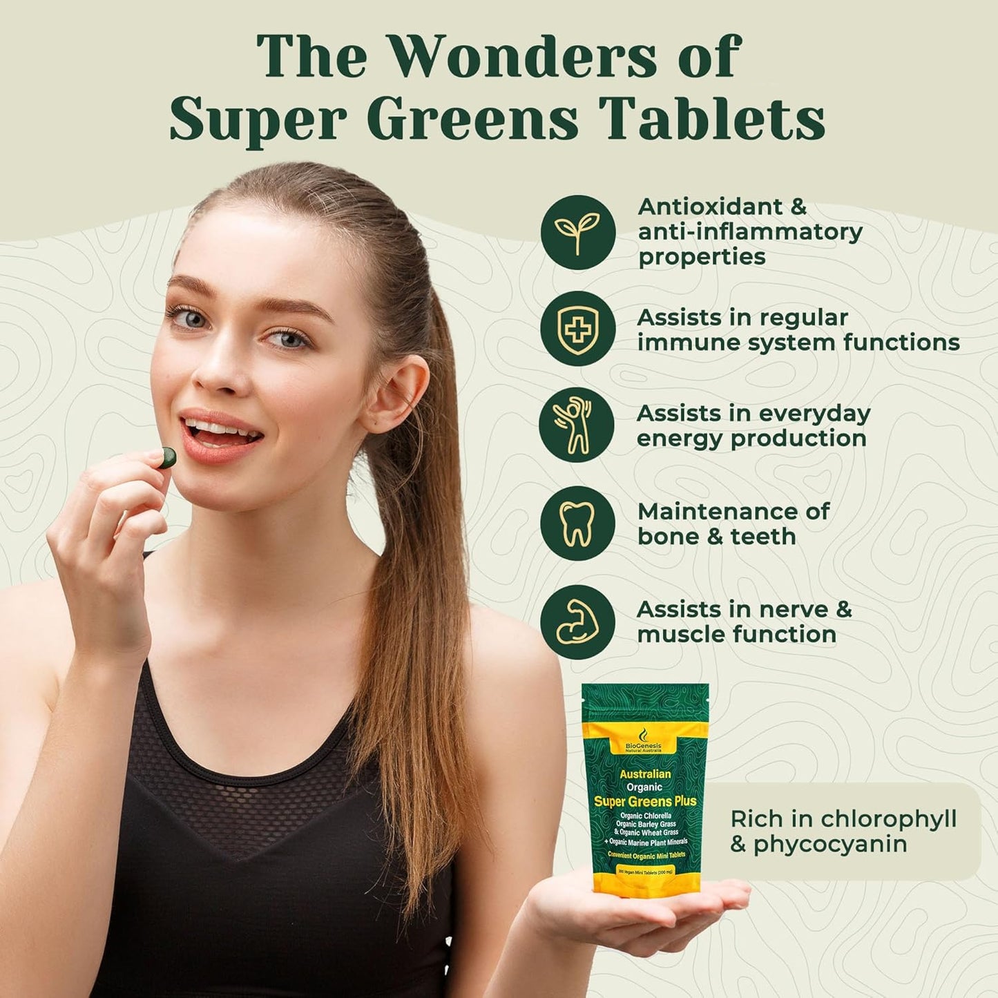 Biogenesis Australian Organic SuperGreens Tablets with Chlorella, Barley Grass & Wheat Grass (300 Count)