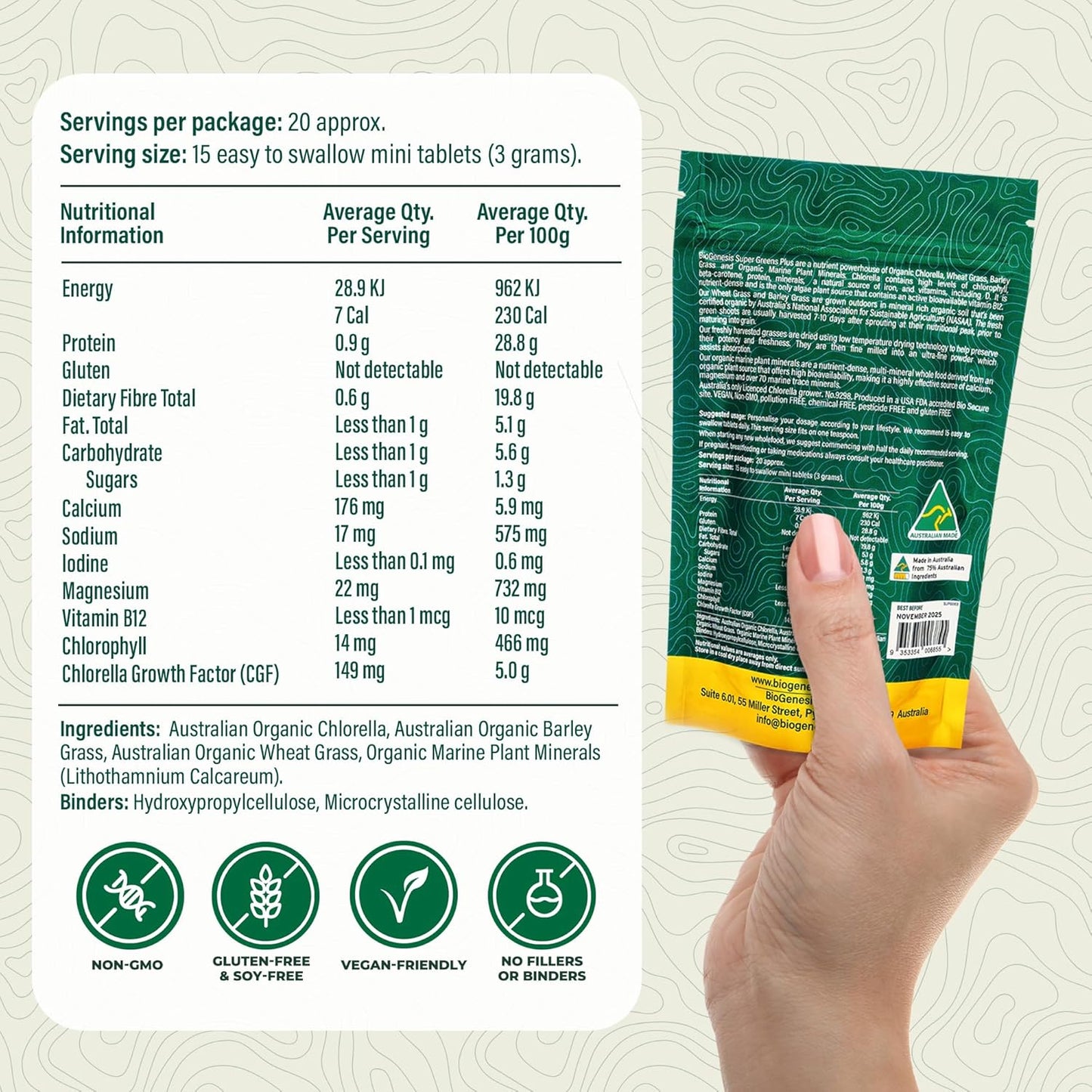 Biogenesis Australian Organic SuperGreens Tablets with Chlorella, Barley Grass & Wheat Grass (300 Count)