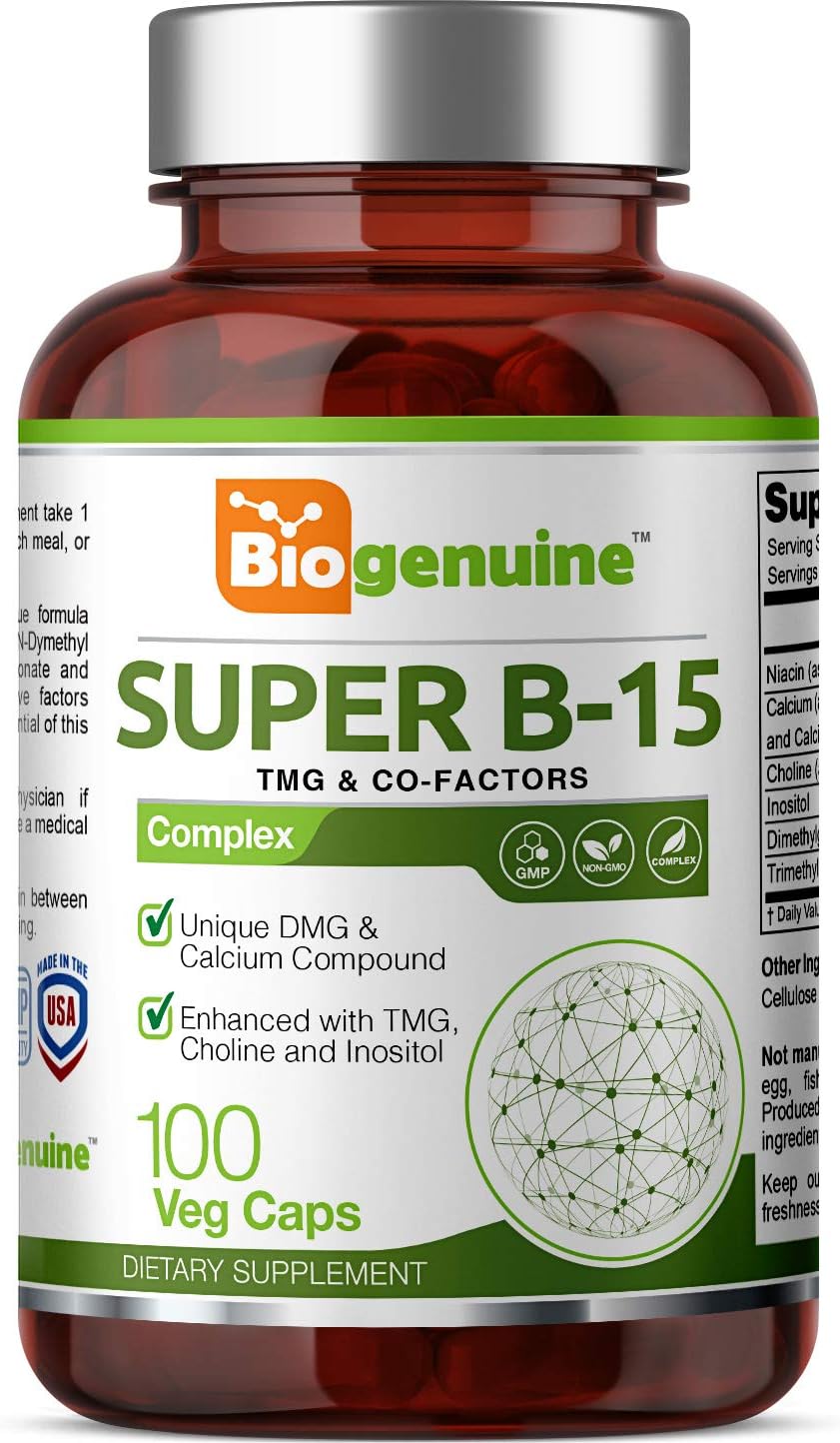 Biogenuine Super B-15 100 Vcaps - Niacin Calcium Choline Inositol DMG TMG - Boosts Oxygen Energy Levels