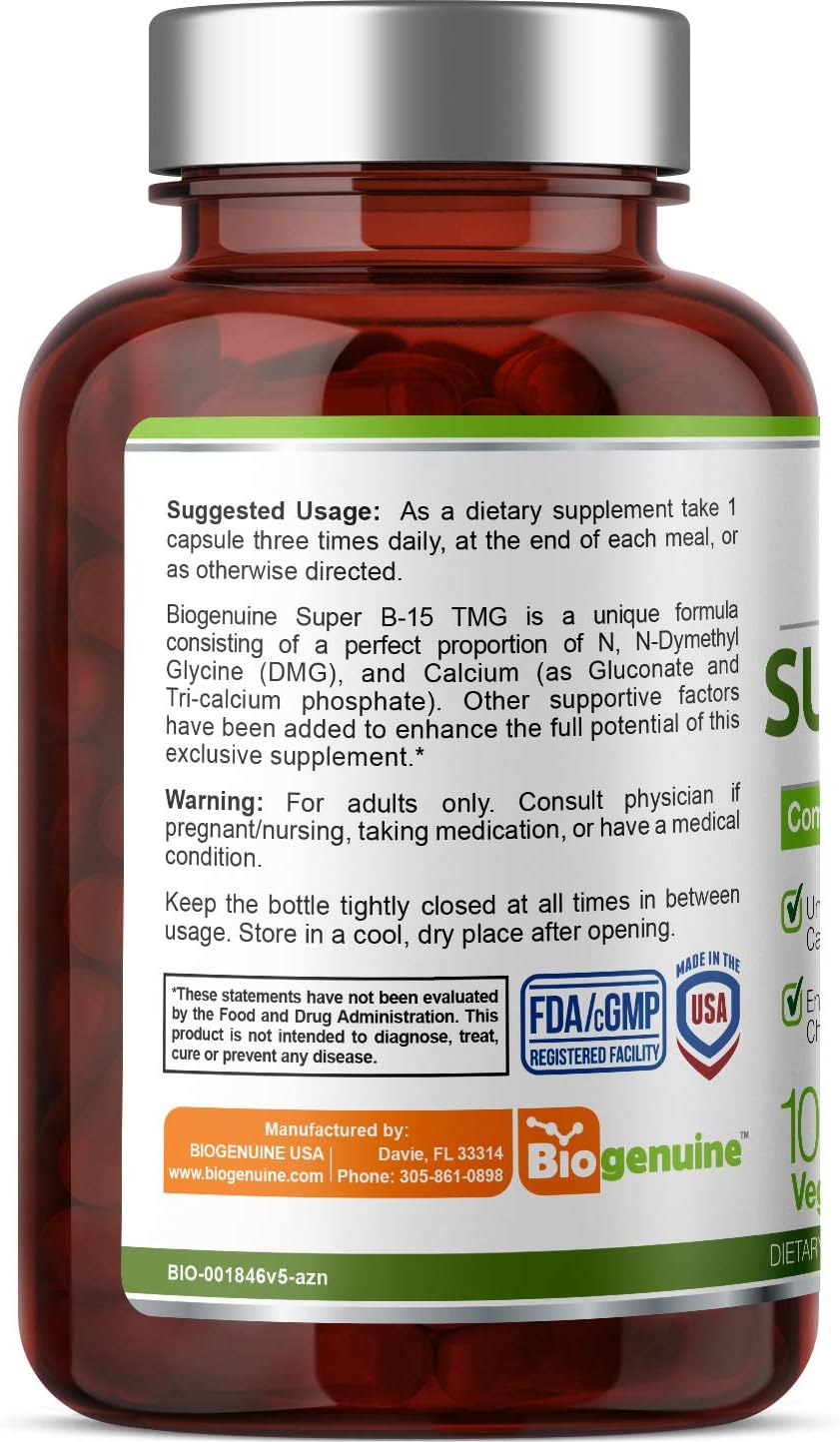 Biogenuine Super B-15 100 Vcaps - Niacin Calcium Choline Inositol DMG TMG - Boosts Oxygen Energy Levels
