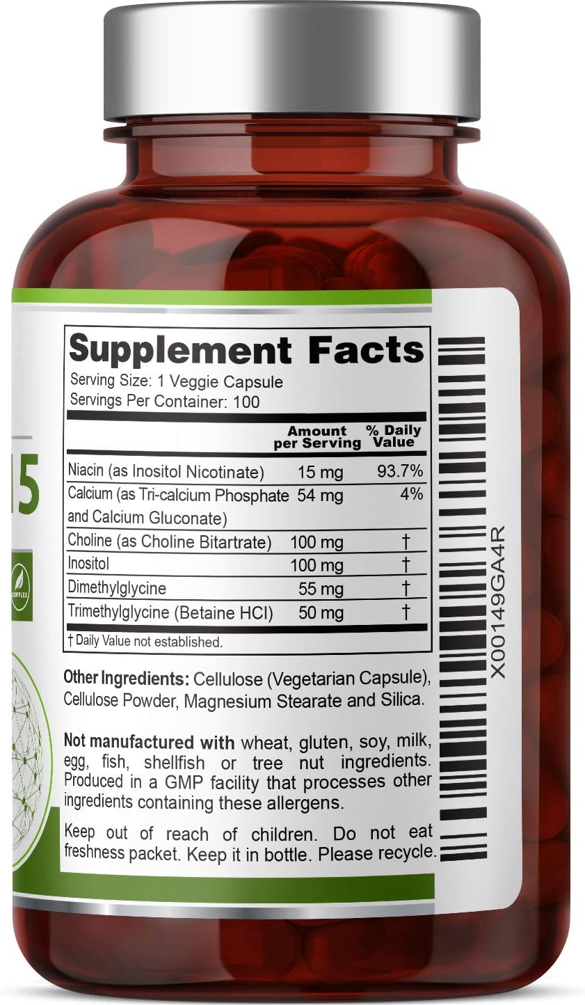 Biogenuine Super B-15 100 Vcaps - Niacin Calcium Choline Inositol DMG TMG - Boosts Oxygen Energy Levels