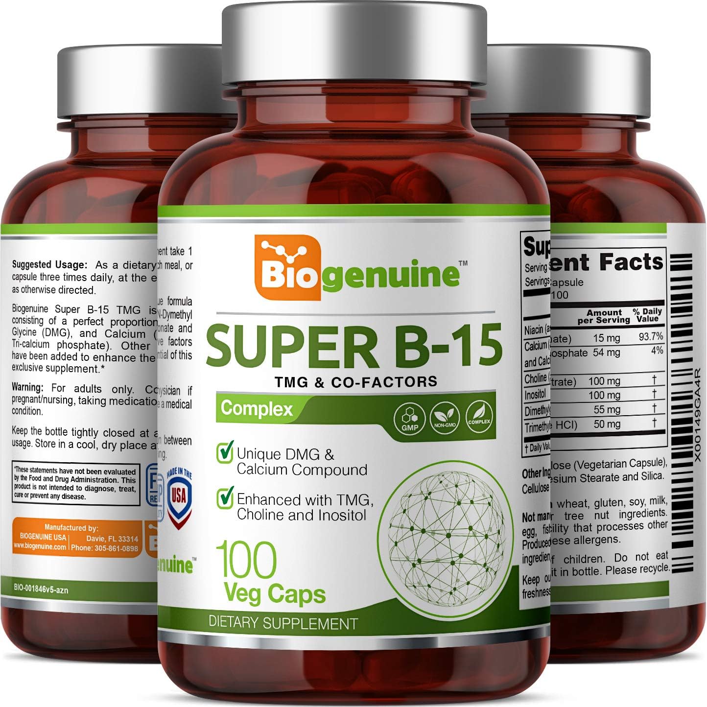 Biogenuine Super B-15 100 Vcaps - Niacin Calcium Choline Inositol DMG TMG - Boosts Oxygen Energy Levels